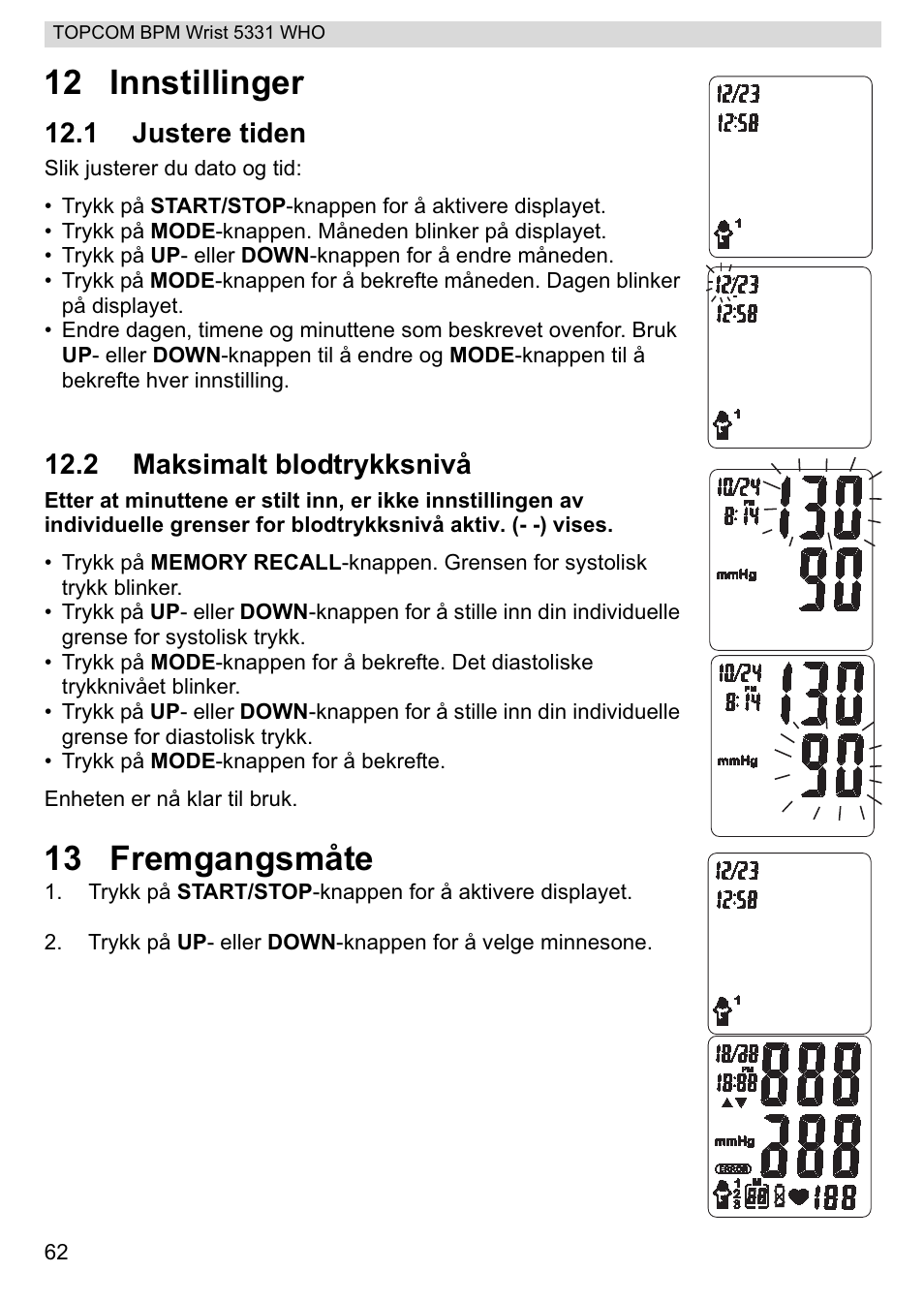12 innstillinger, 13 fremgangsmåte, 1 justere tiden | 2 maksimalt blodtrykksnivå | Topcom 5331 WHO User Manual | Page 62 / 76