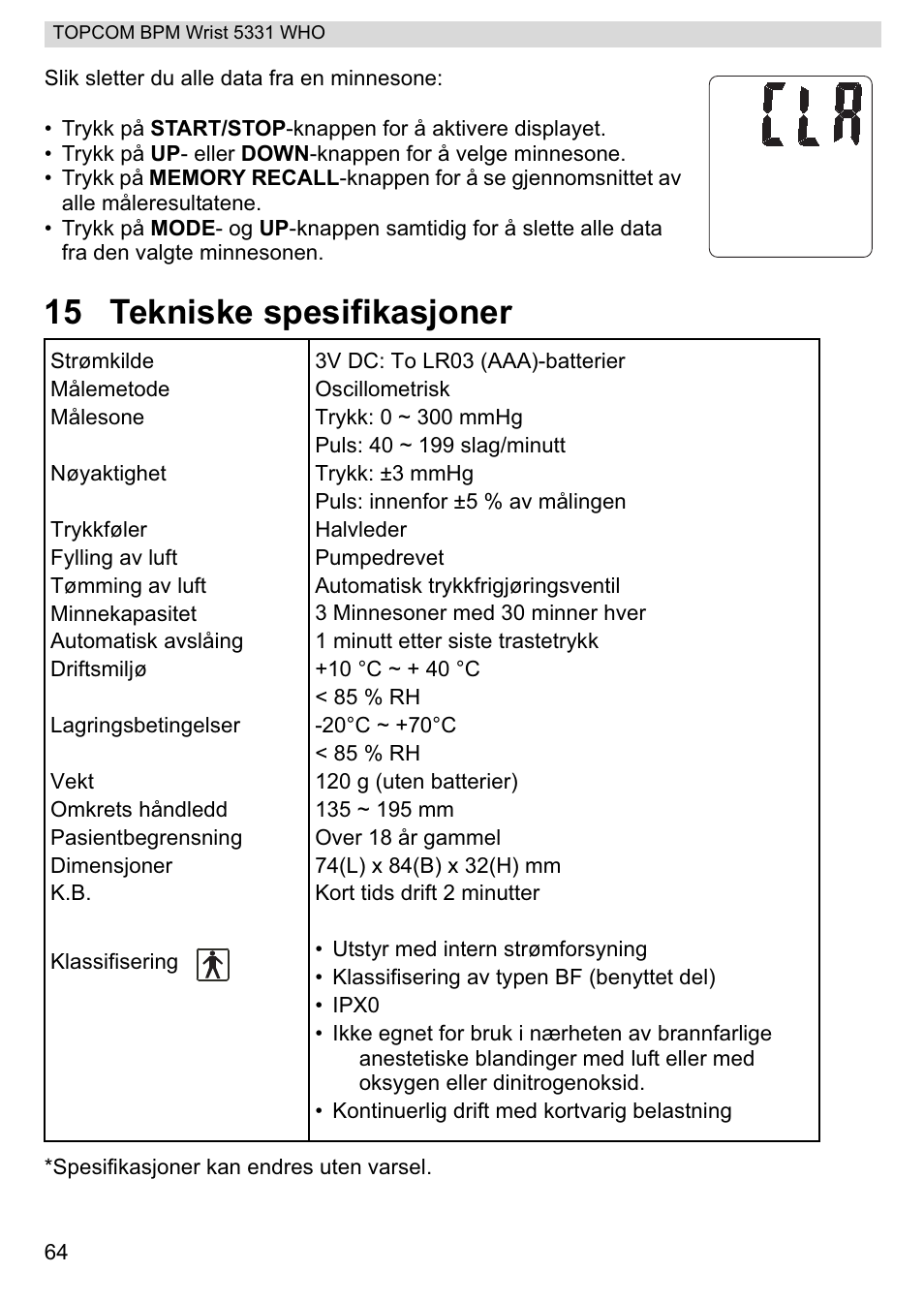 15 tekniske spesifikasjoner | Topcom 5331 WHO User Manual | Page 64 / 76