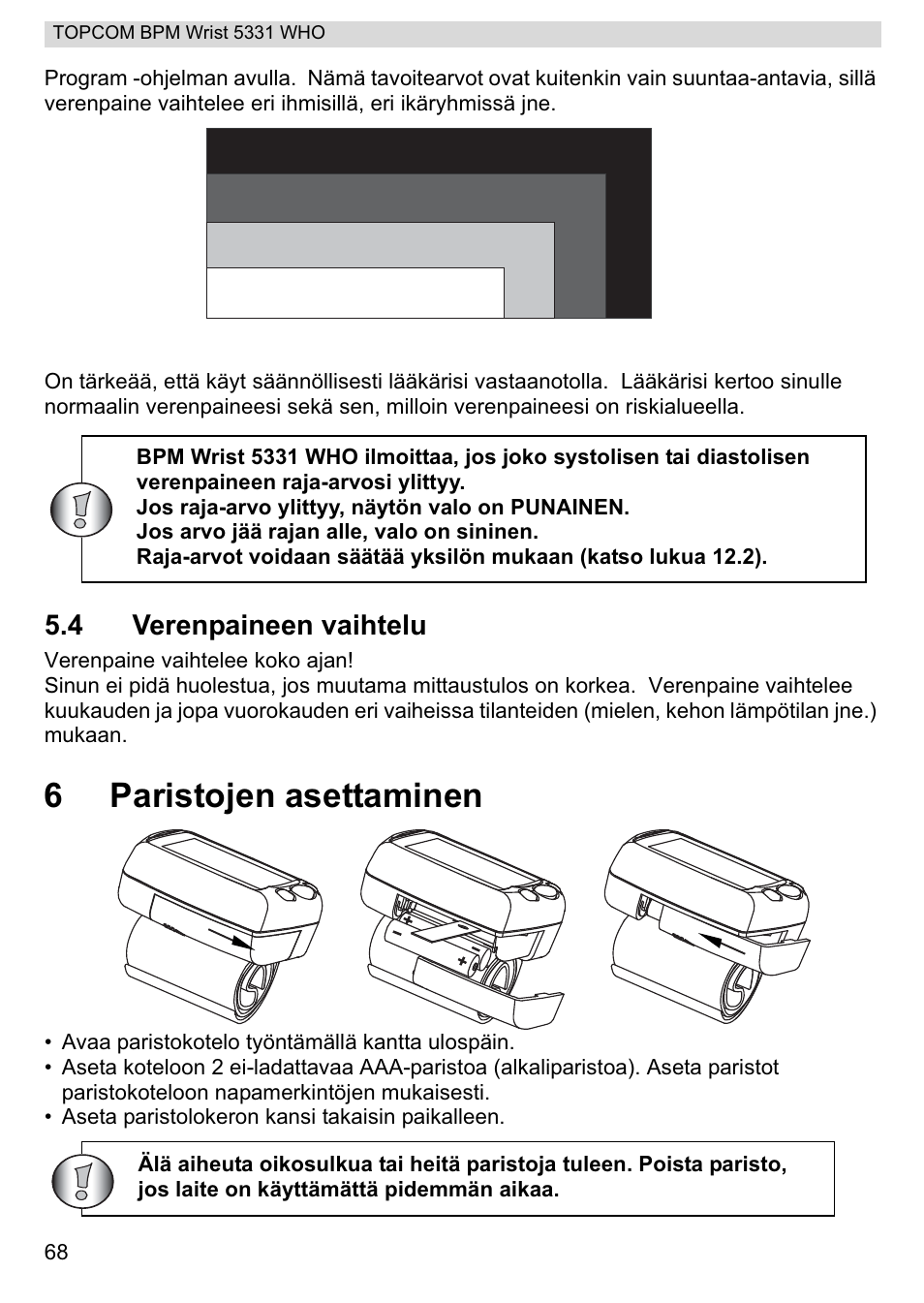 6paristojen asettaminen, 4 verenpaineen vaihtelu | Topcom 5331 WHO User Manual | Page 68 / 76