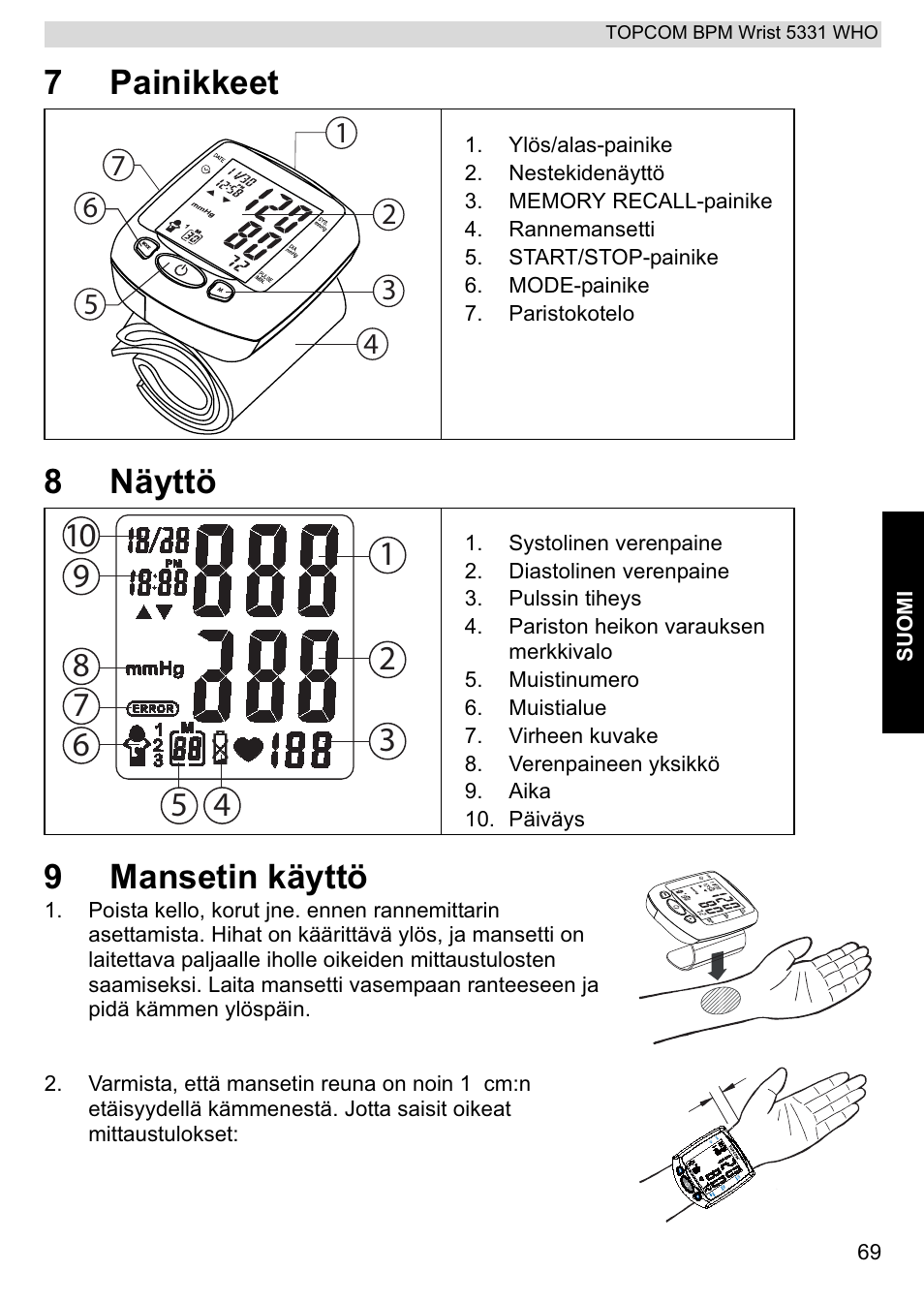 7painikkeet 8 näyttö 9 mansetin käyttö | Topcom 5331 WHO User Manual | Page 69 / 76