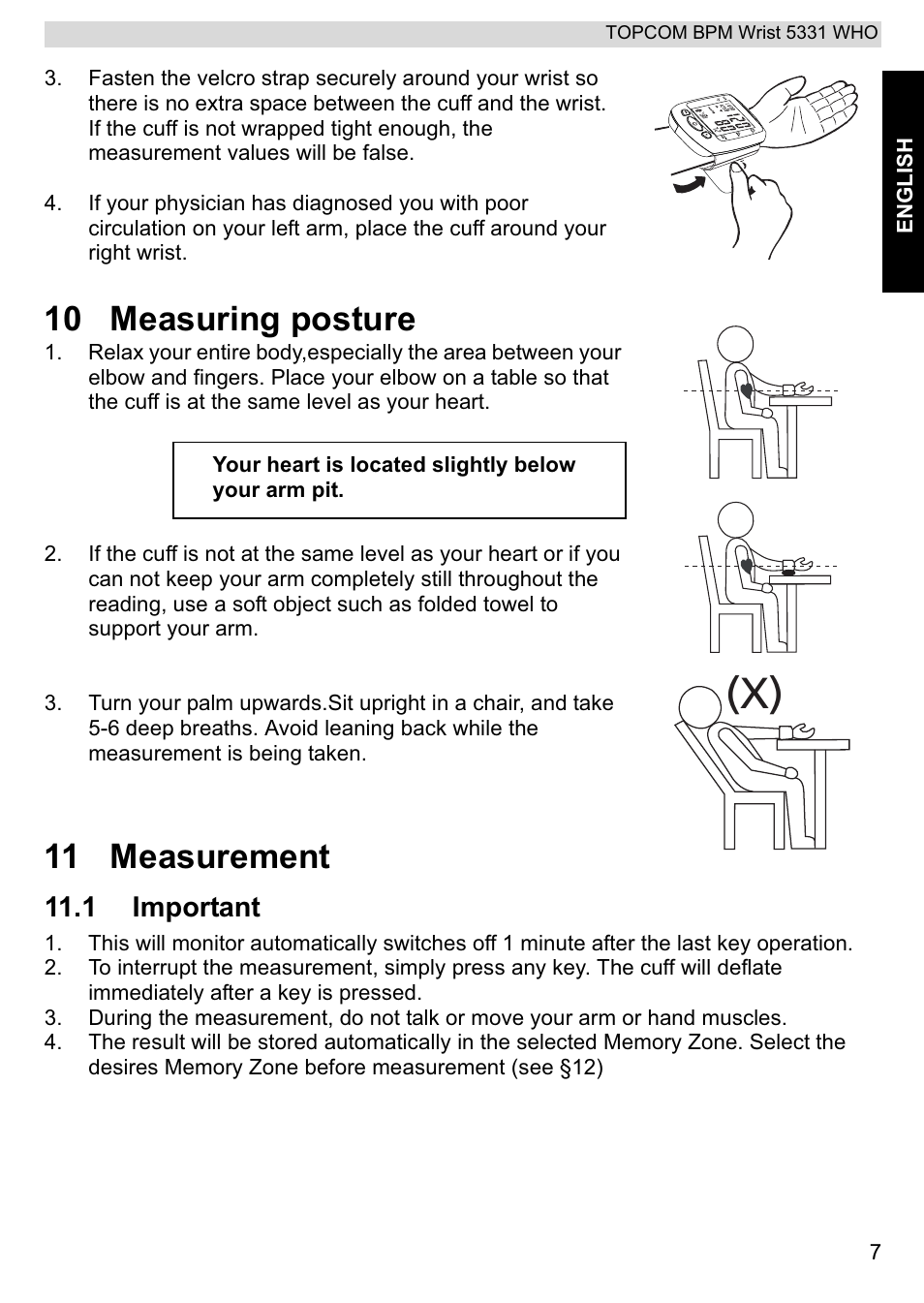 10 measuring posture, 11 measurement, 1 important | Topcom 5331 WHO User Manual | Page 7 / 76