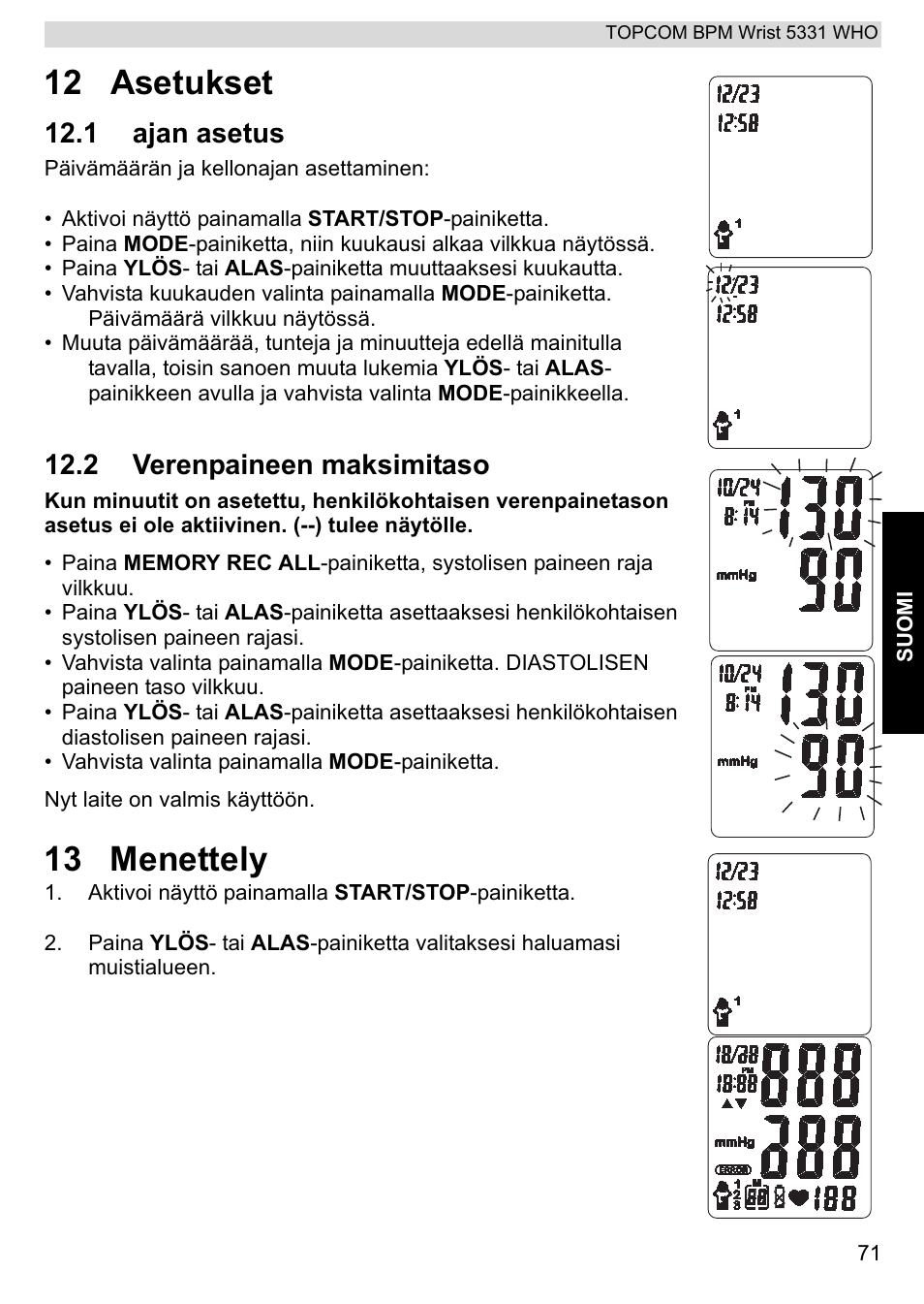 12 asetukset, 13 menettely, 1 ajan asetus | 2 verenpaineen maksimitaso | Topcom 5331 WHO User Manual | Page 71 / 76