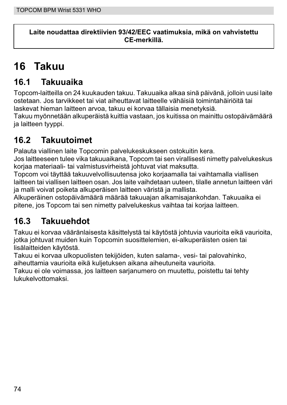 16 takuu | Topcom 5331 WHO User Manual | Page 74 / 76