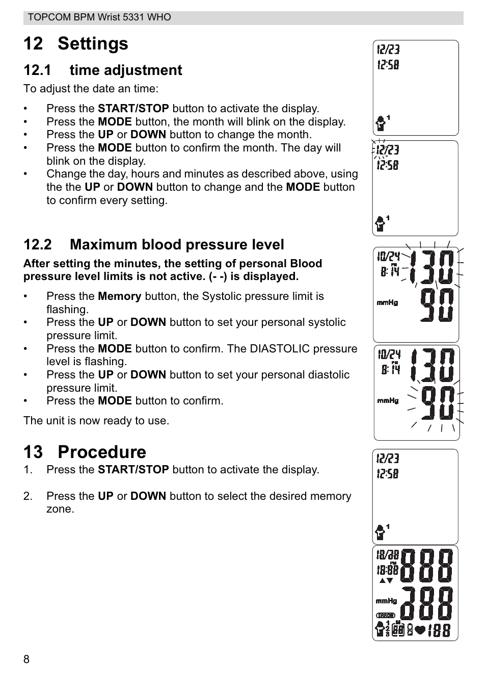 12 settings, 13 procedure, 1 time adjustment | 2 maximum blood pressure level | Topcom 5331 WHO User Manual | Page 8 / 76