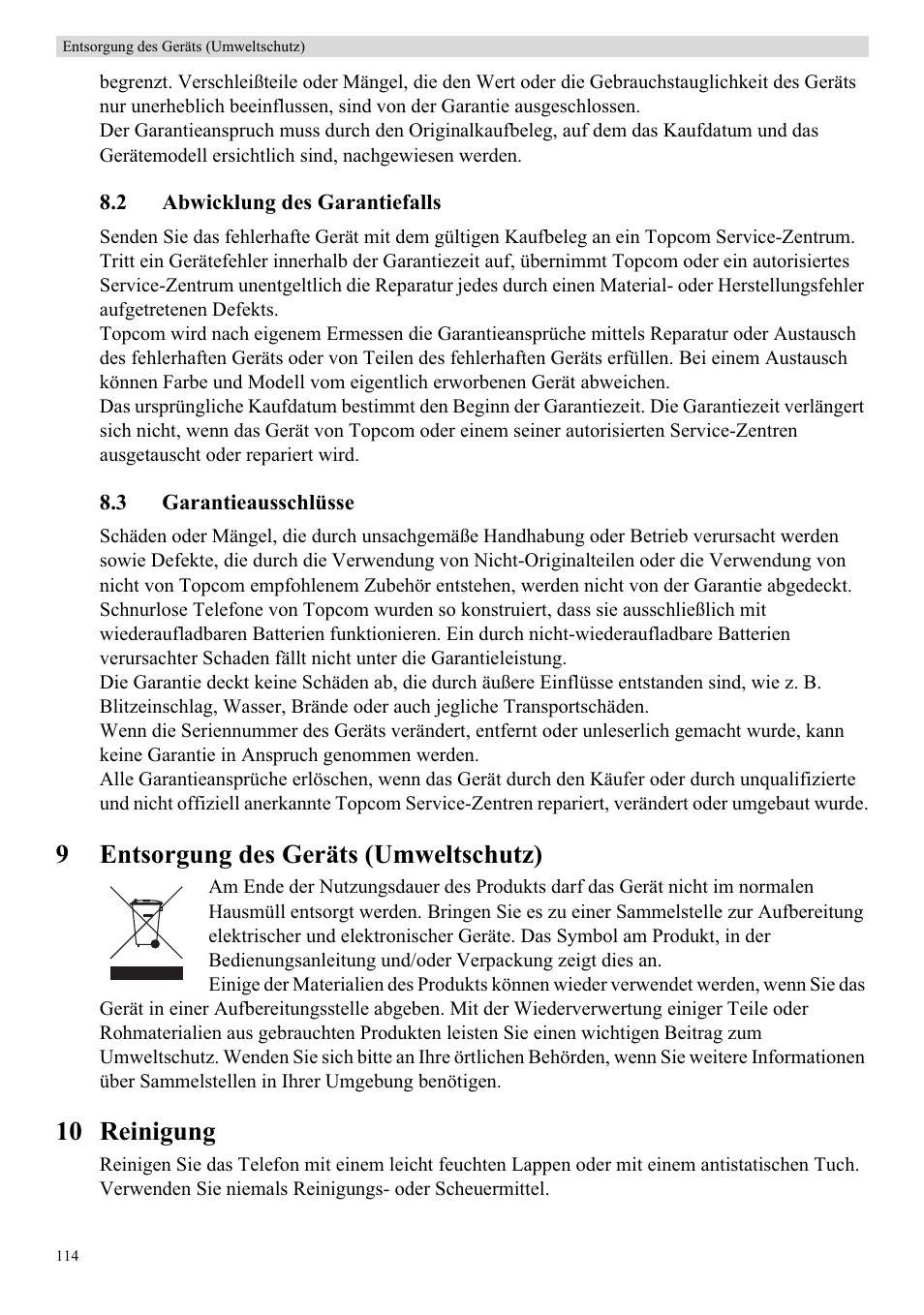 9entsorgung des geräts (umweltschutz), 10 reinigung | Topcom Skyr@cer WBR 7121 User Manual | Page 120 / 208