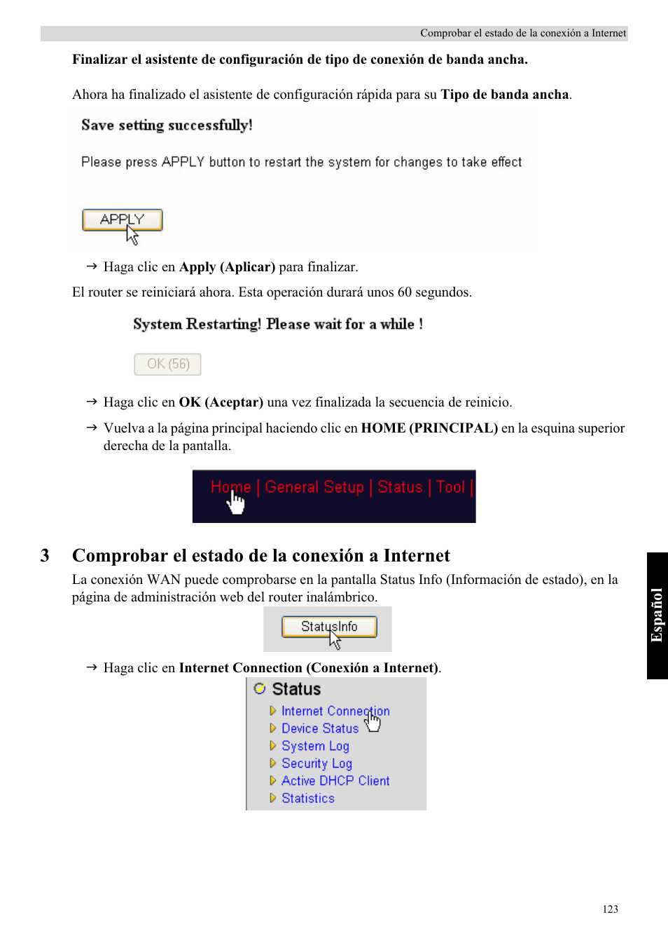 3comprobar el estado de la conexión a internet | Topcom Skyr@cer WBR 7121 User Manual | Page 129 / 208