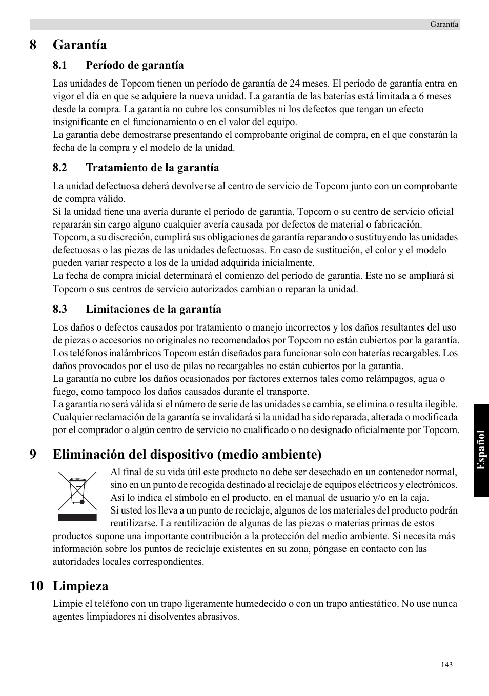 8garantía, 9eliminación del dispositivo (medio ambiente), 10 limpieza | Topcom Skyr@cer WBR 7121 User Manual | Page 149 / 208