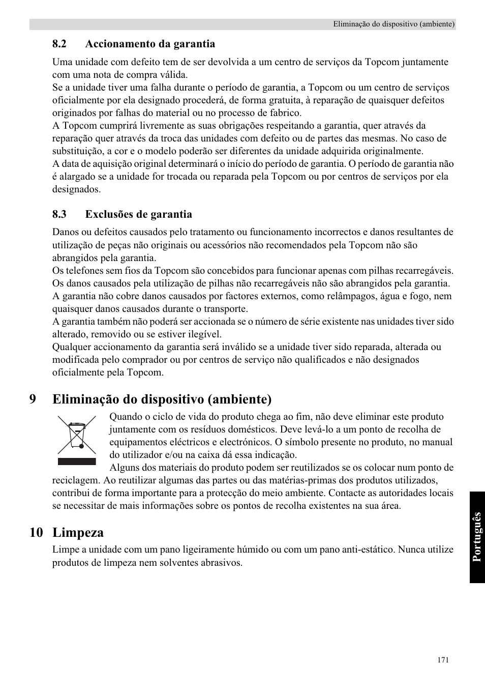 9eliminação do dispositivo (ambiente), 10 limpeza | Topcom Skyr@cer WBR 7121 User Manual | Page 177 / 208