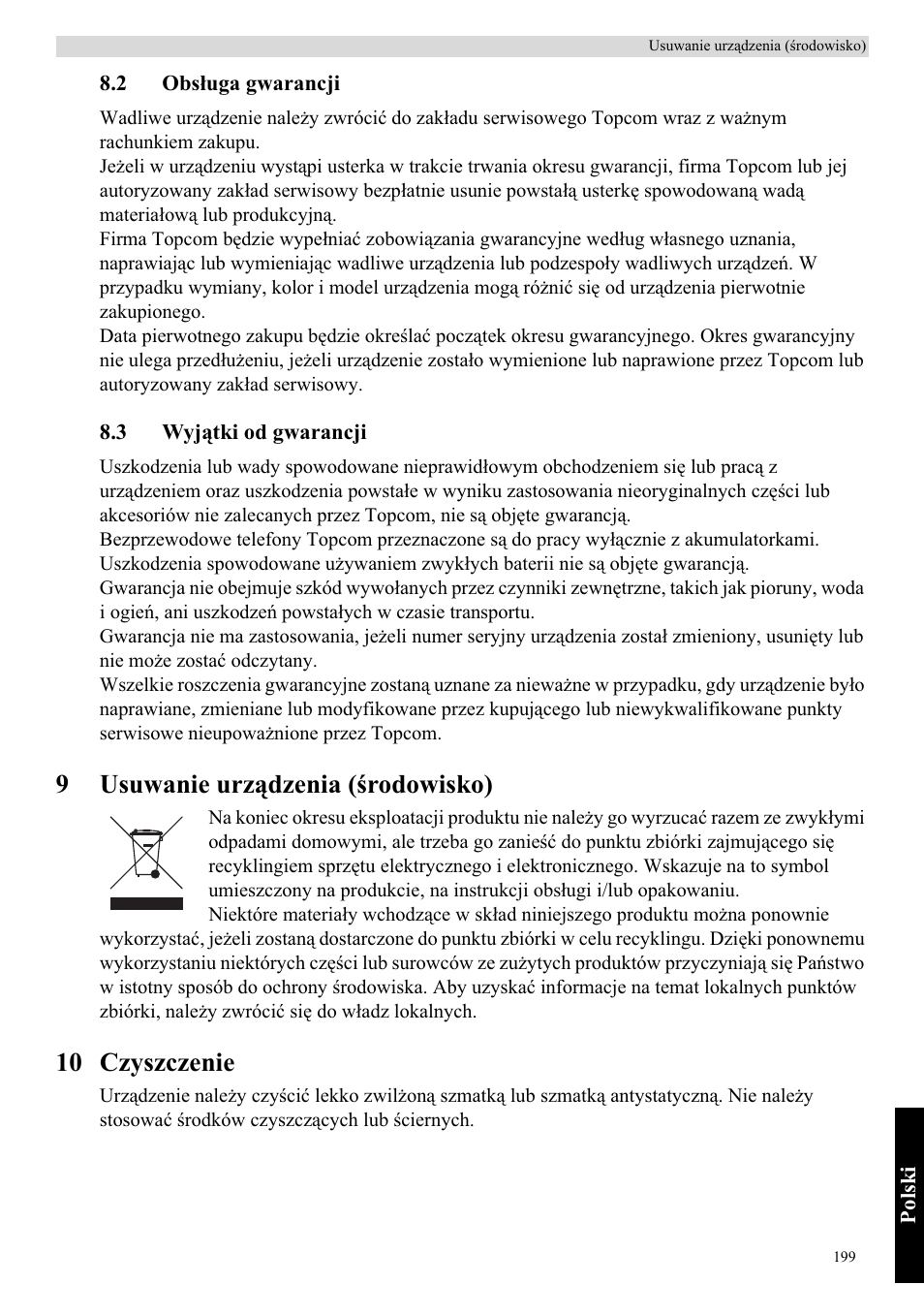 9usuwanie urządzenia (ğrodowisko), 10 czyszczenie | Topcom Skyr@cer WBR 7121 User Manual | Page 205 / 208