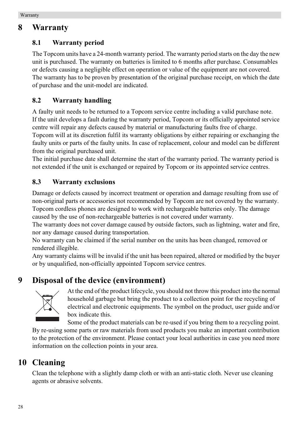 8warranty, 9disposal of the device (environment), 10 cleaning | Topcom Skyr@cer WBR 7121 User Manual | Page 34 / 208
