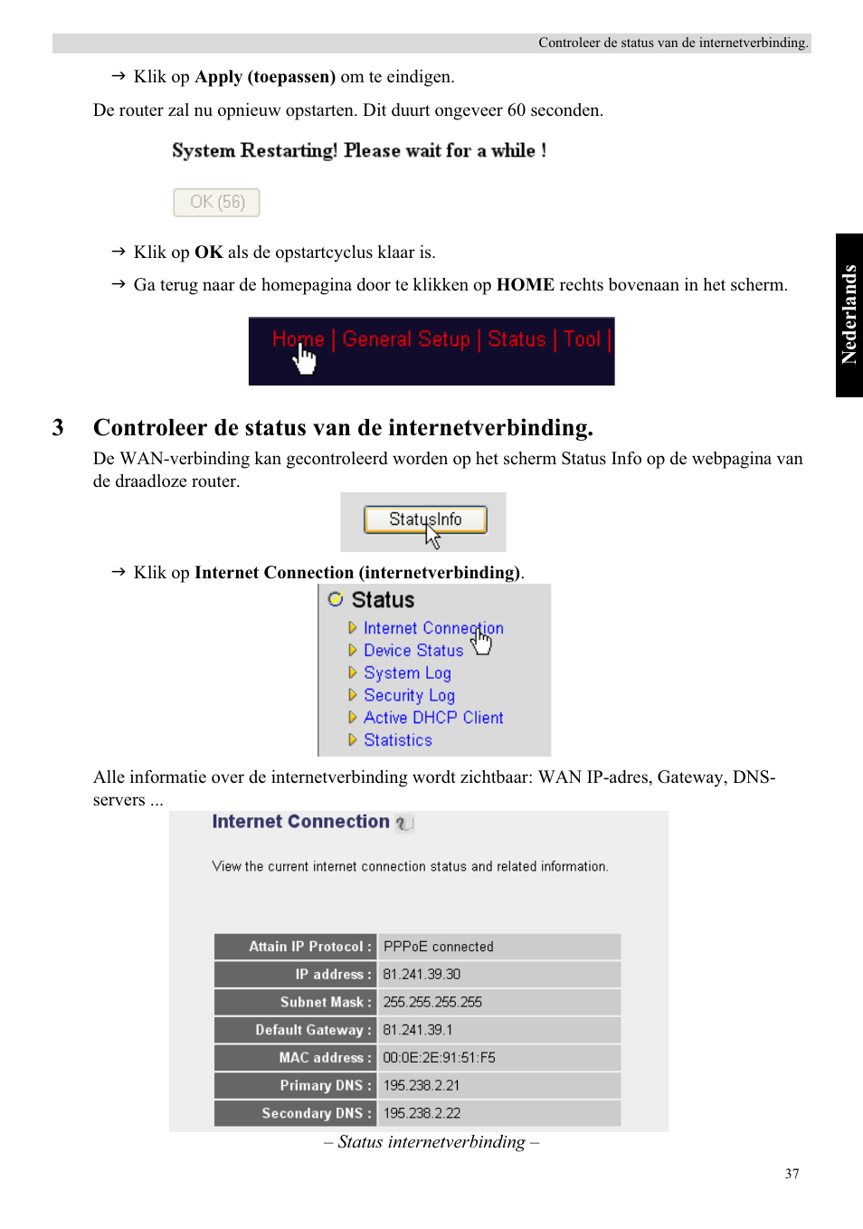 3controleer de status van de internetverbinding | Topcom Skyr@cer WBR 7121 User Manual | Page 43 / 208