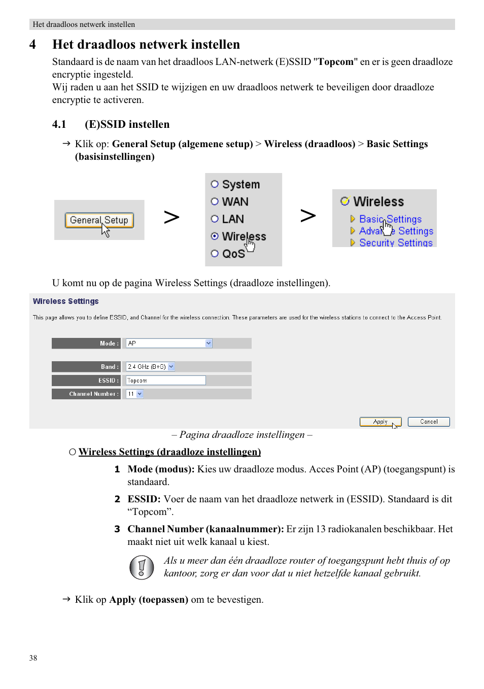 4het draadloos netwerk instellen | Topcom Skyr@cer WBR 7121 User Manual | Page 44 / 208