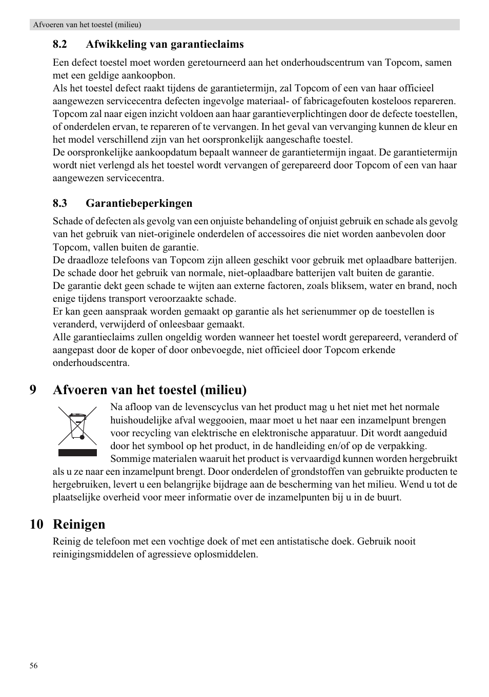 9afvoeren van het toestel (milieu), 10 reinigen | Topcom Skyr@cer WBR 7121 User Manual | Page 62 / 208