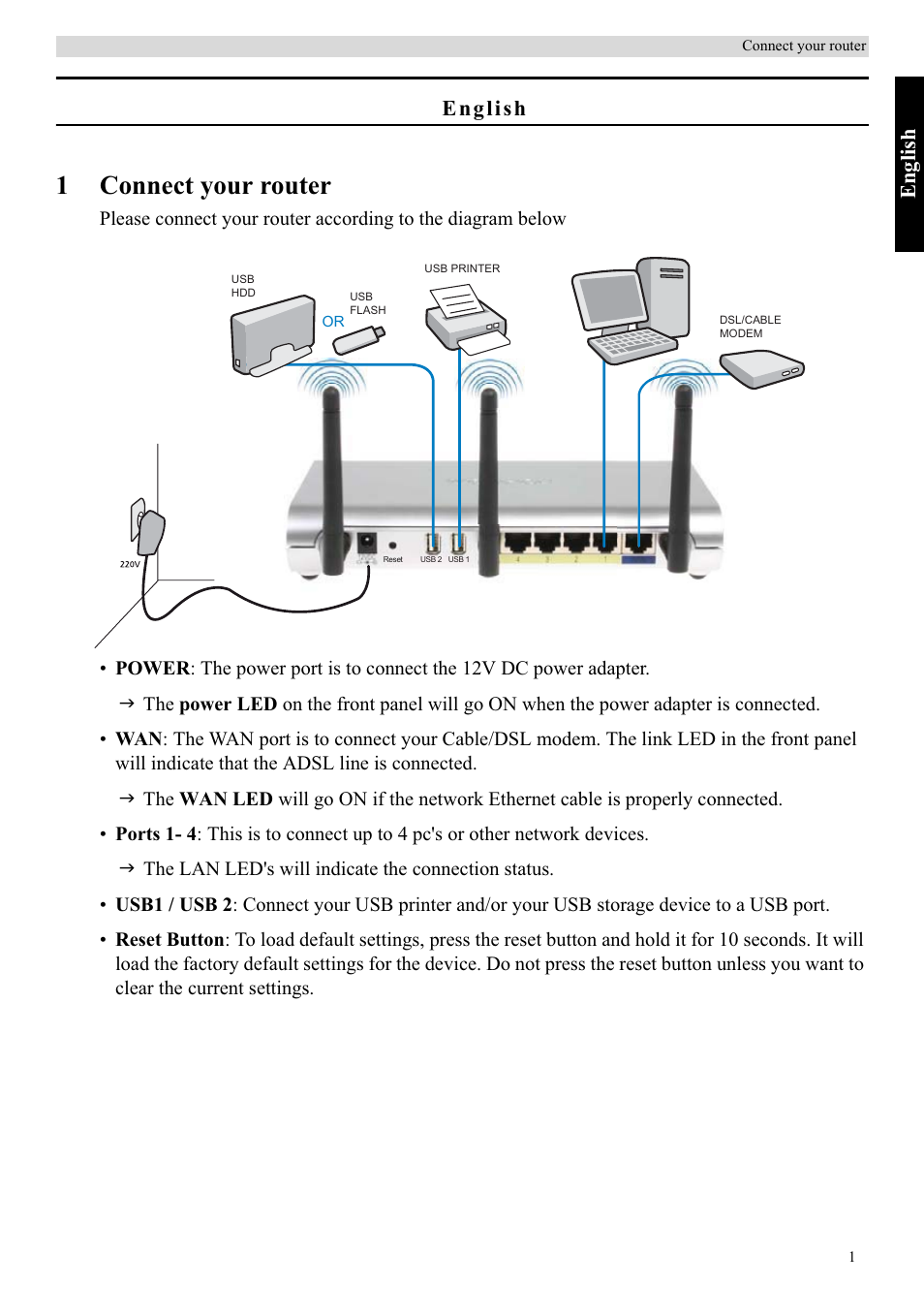 1connect your router, Eng lish | Topcom Skyr@cer WBR 7121 User Manual | Page 7 / 208