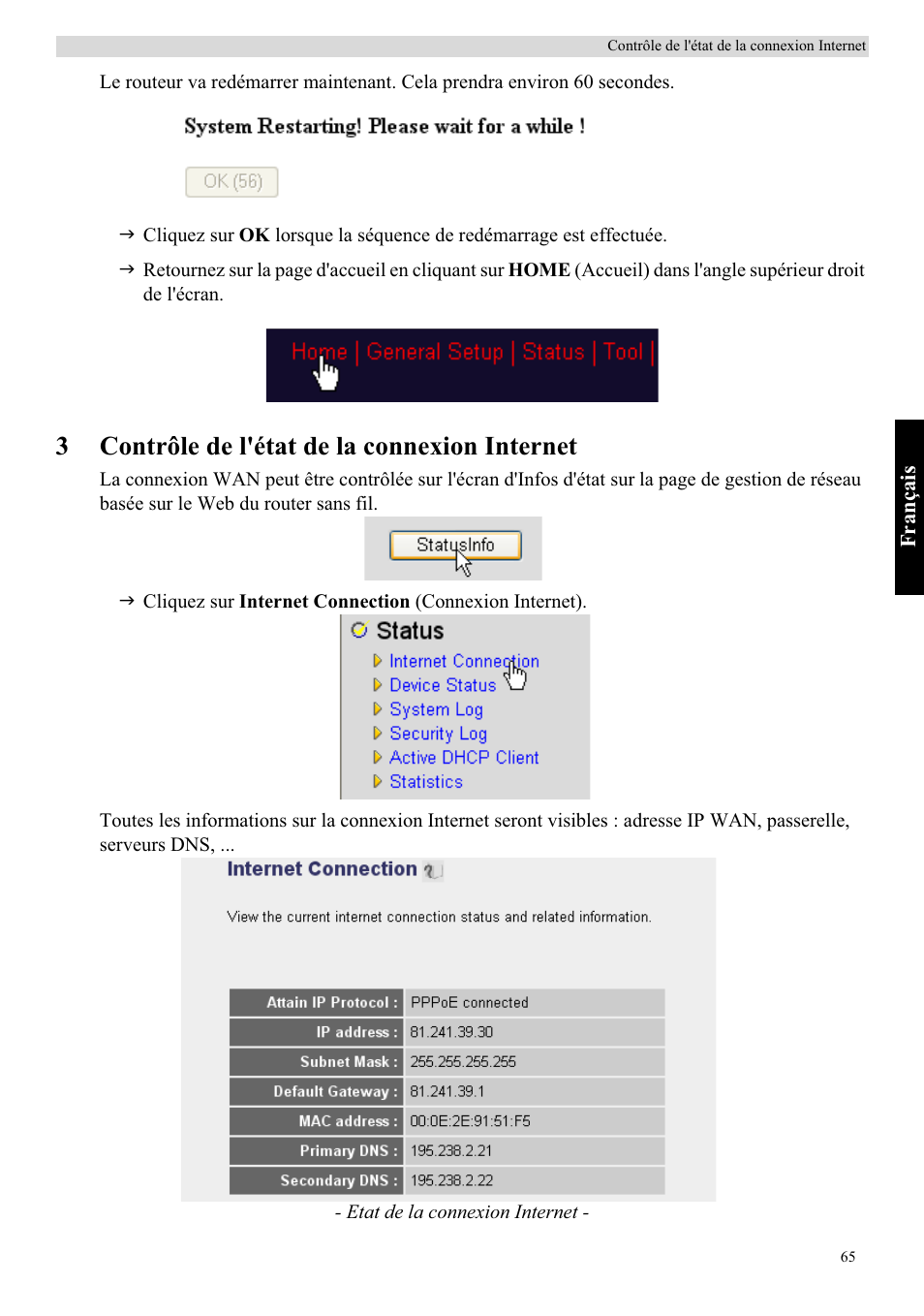 3contrôle de l'état de la connexion internet | Topcom Skyr@cer WBR 7121 User Manual | Page 71 / 208