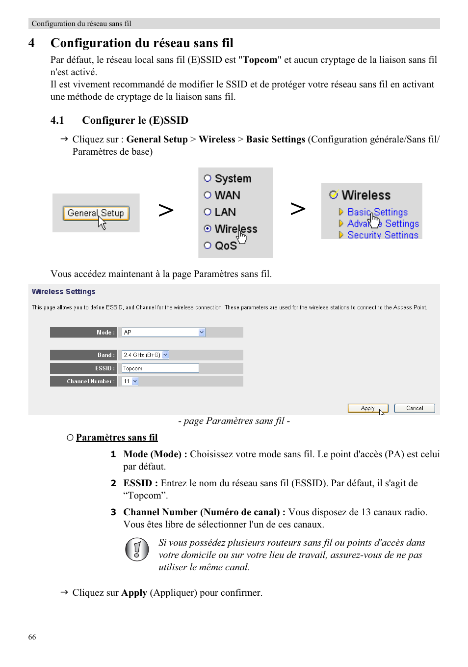 4configuration du réseau sans fil | Topcom Skyr@cer WBR 7121 User Manual | Page 72 / 208