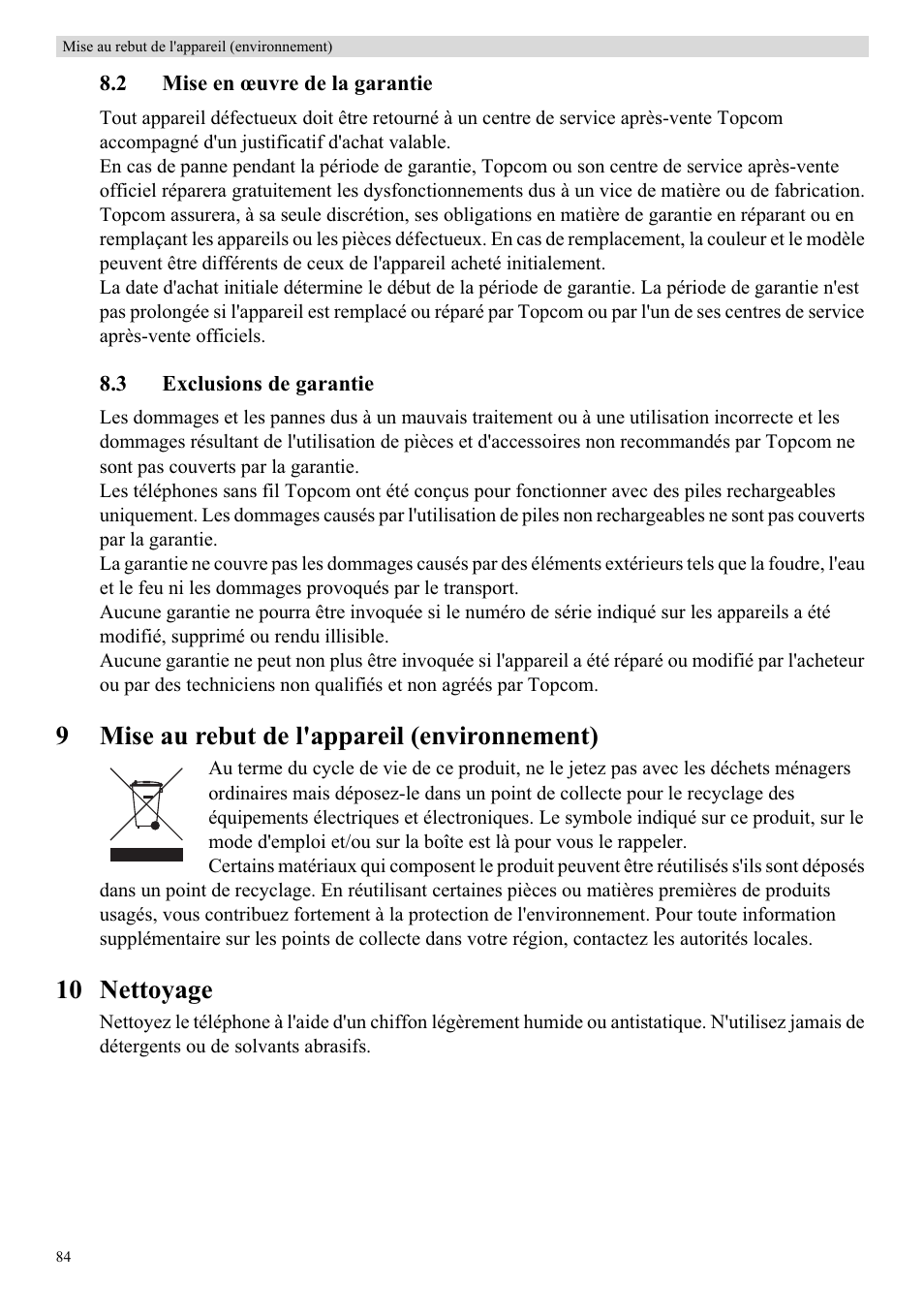 9mise au rebut de l'appareil (environnement), 10 nettoyage | Topcom Skyr@cer WBR 7121 User Manual | Page 90 / 208