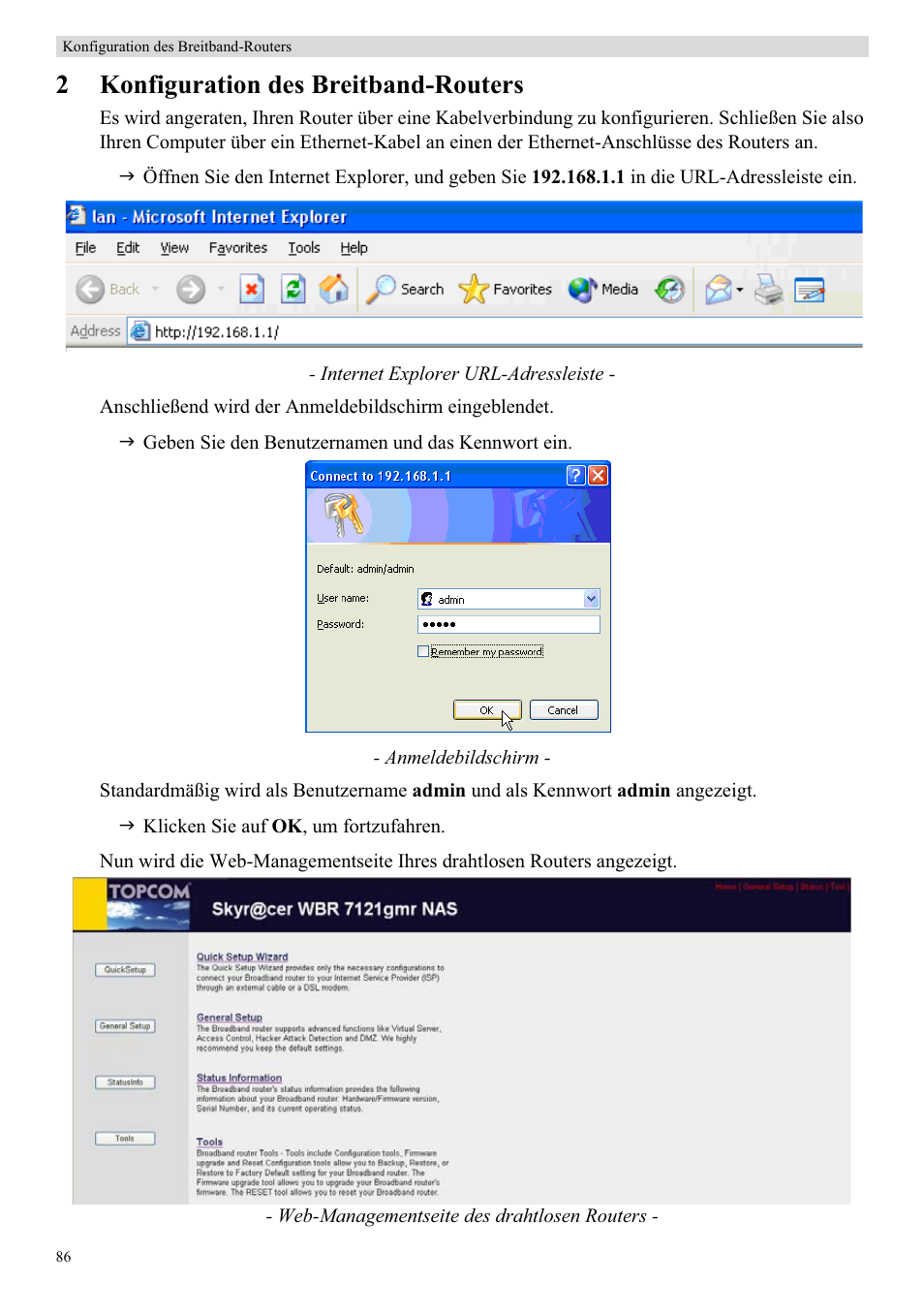 2konfiguration des breitband-routers | Topcom Skyr@cer WBR 7121 User Manual | Page 92 / 208