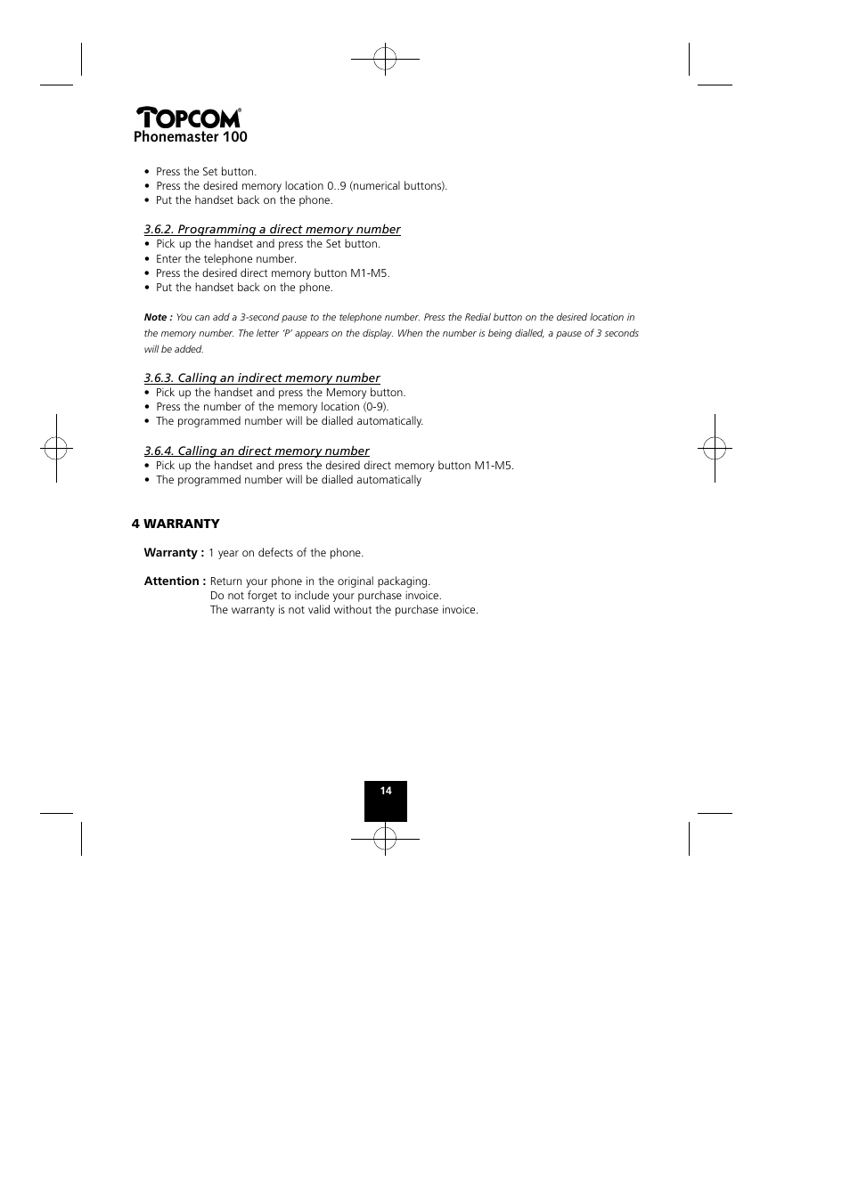 Phonemaster 100 | Topcom Phonemaster 100 User Manual | Page 14 / 20