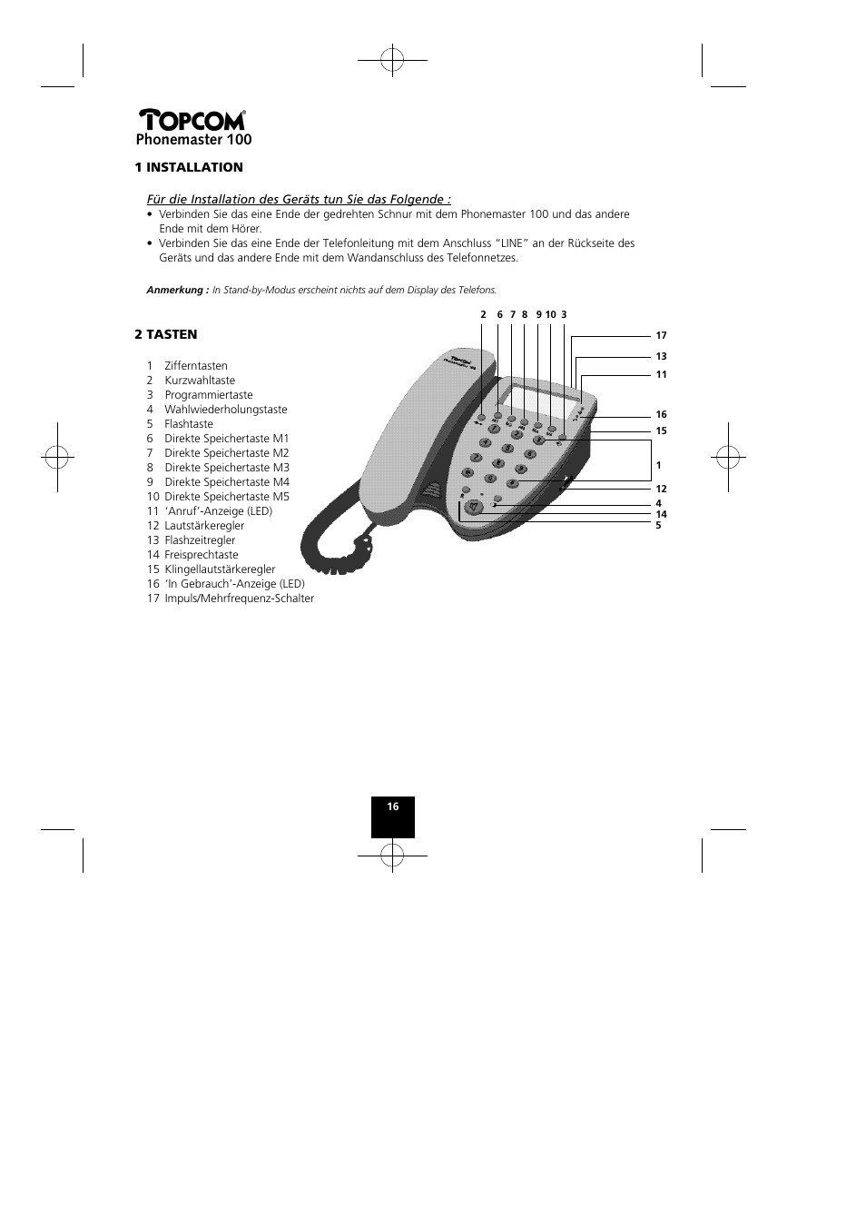 Phonemaster 100 | Topcom Phonemaster 100 User Manual | Page 16 / 20