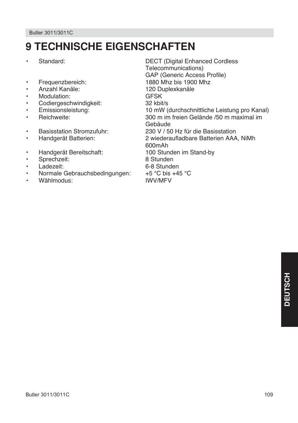 9 technische eigenschaften | Topcom BUTLER 3011 User Manual | Page 109 / 112