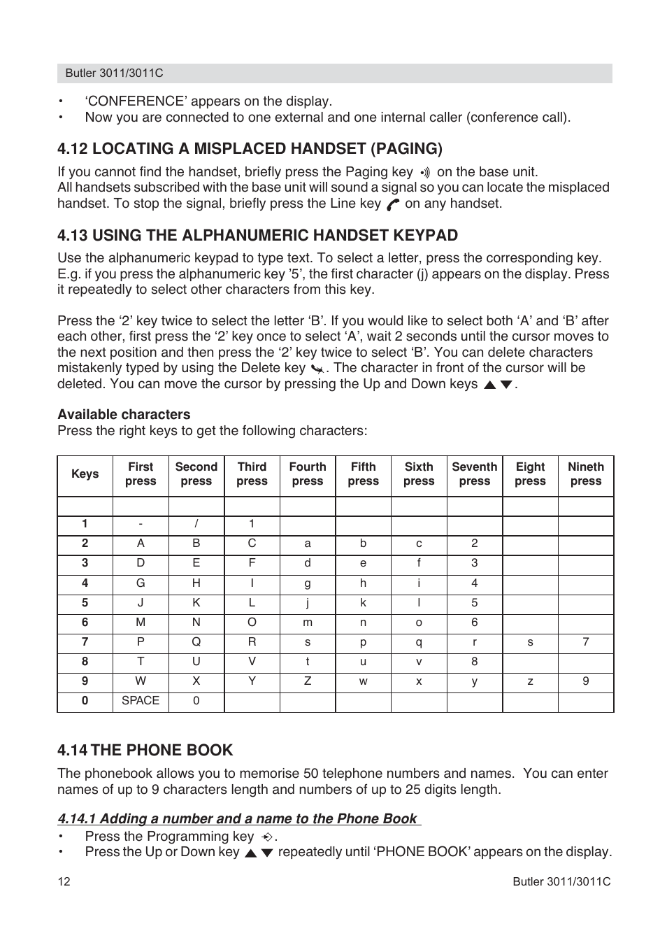 12 locating a misplaced handset (paging), 13 using the alphanumeric handset keypad, 14 the phone book | Topcom BUTLER 3011 User Manual | Page 12 / 112