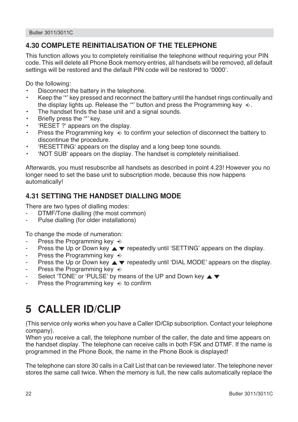 5 caller id/clip | Topcom BUTLER 3011 User Manual | Page 22 / 112