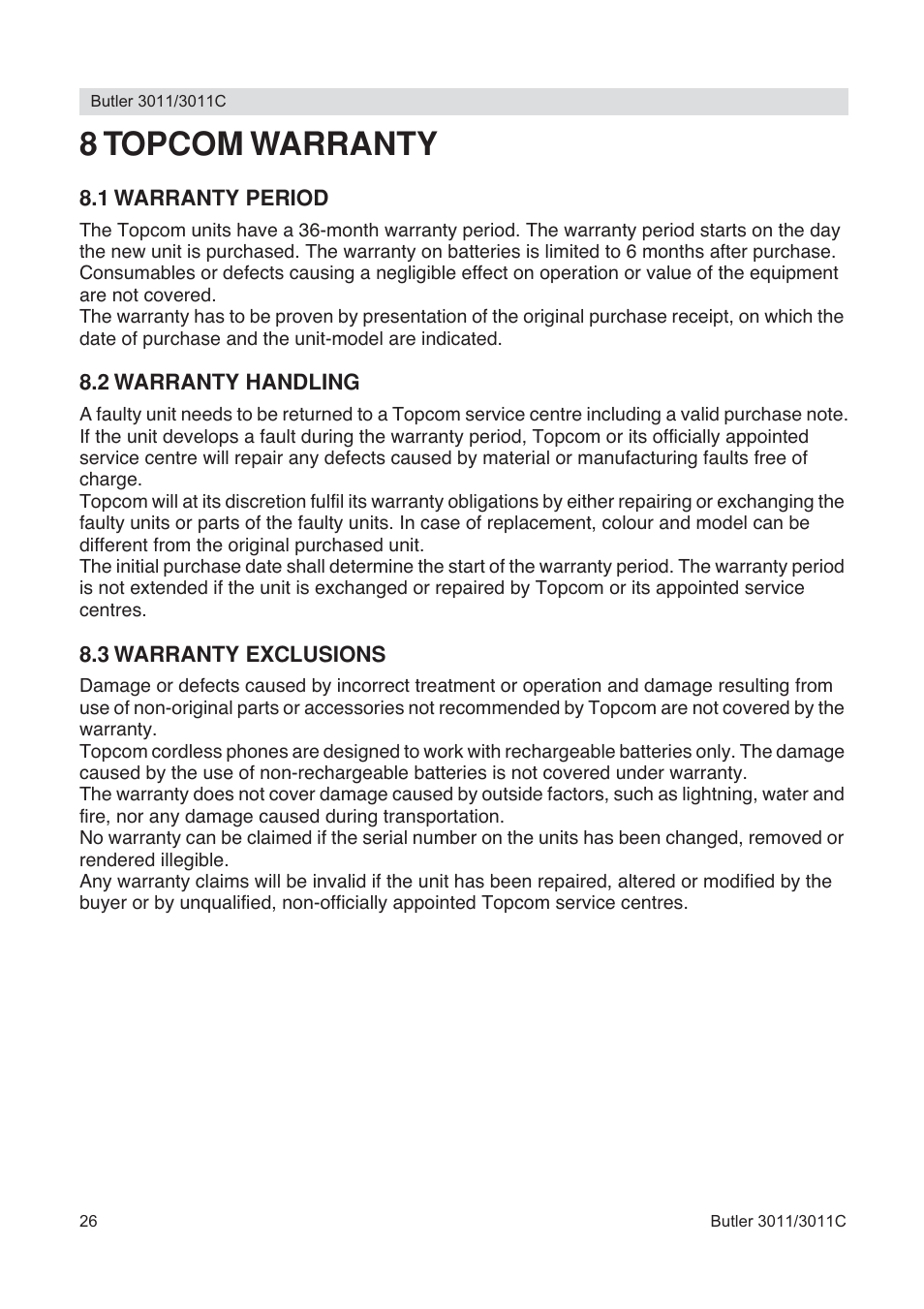 8 topcom warranty | Topcom BUTLER 3011 User Manual | Page 26 / 112