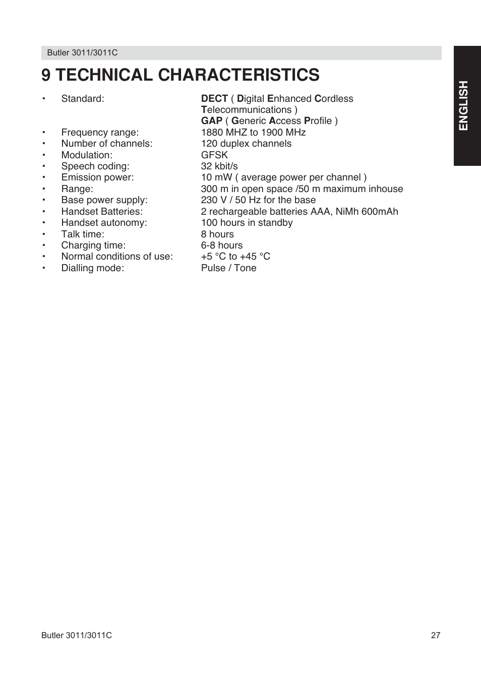 9 technical characteristics | Topcom BUTLER 3011 User Manual | Page 27 / 112