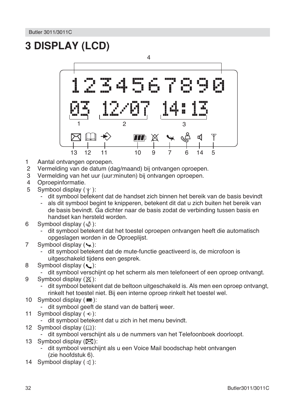 3 display (lcd) | Topcom BUTLER 3011 User Manual | Page 32 / 112