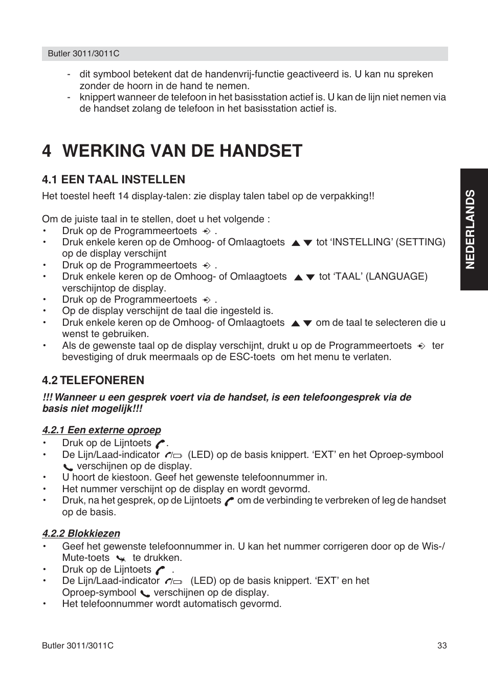 4 werking van de handset | Topcom BUTLER 3011 User Manual | Page 33 / 112