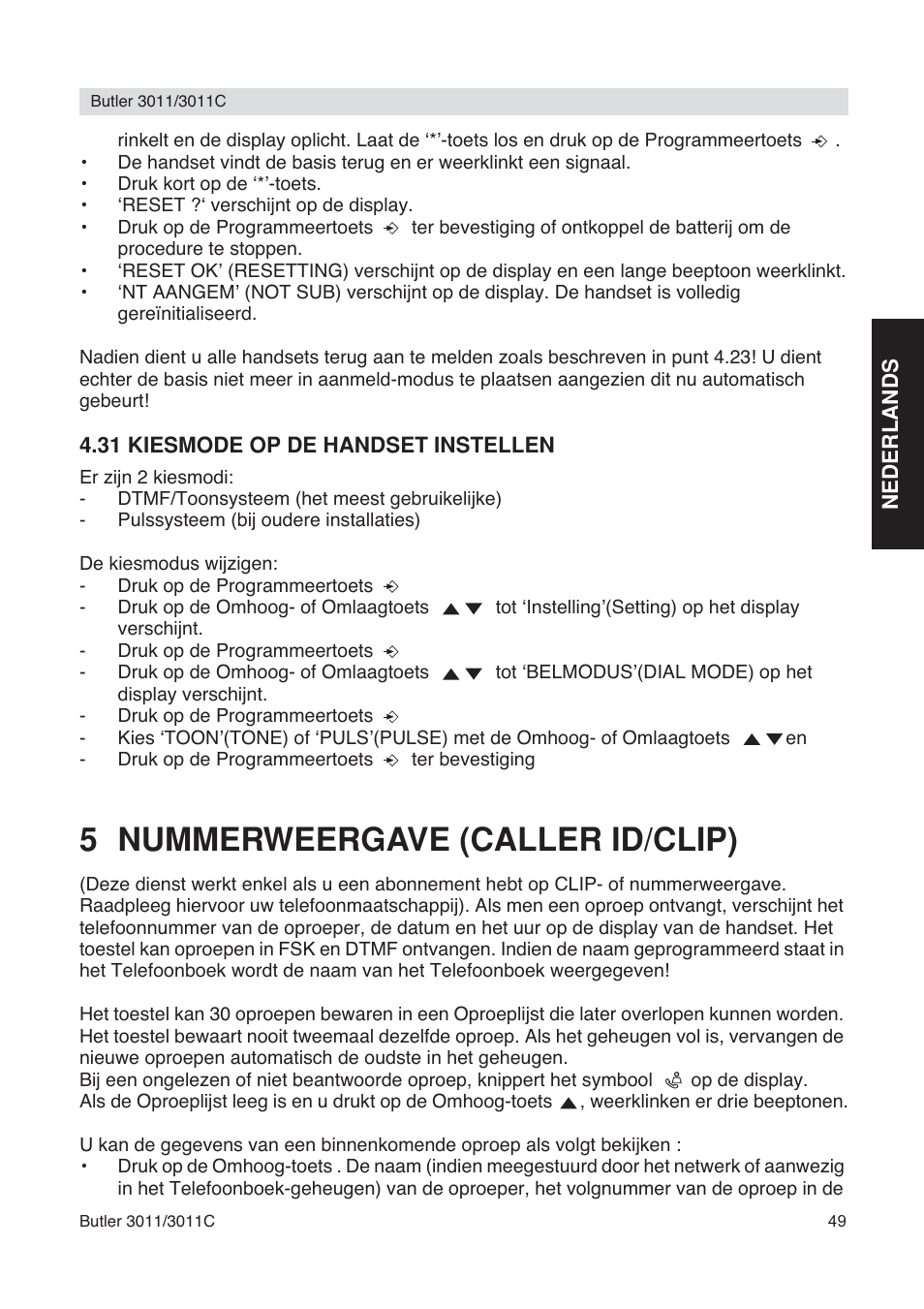 5 nummerweergave (caller id/clip) | Topcom BUTLER 3011 User Manual | Page 49 / 112