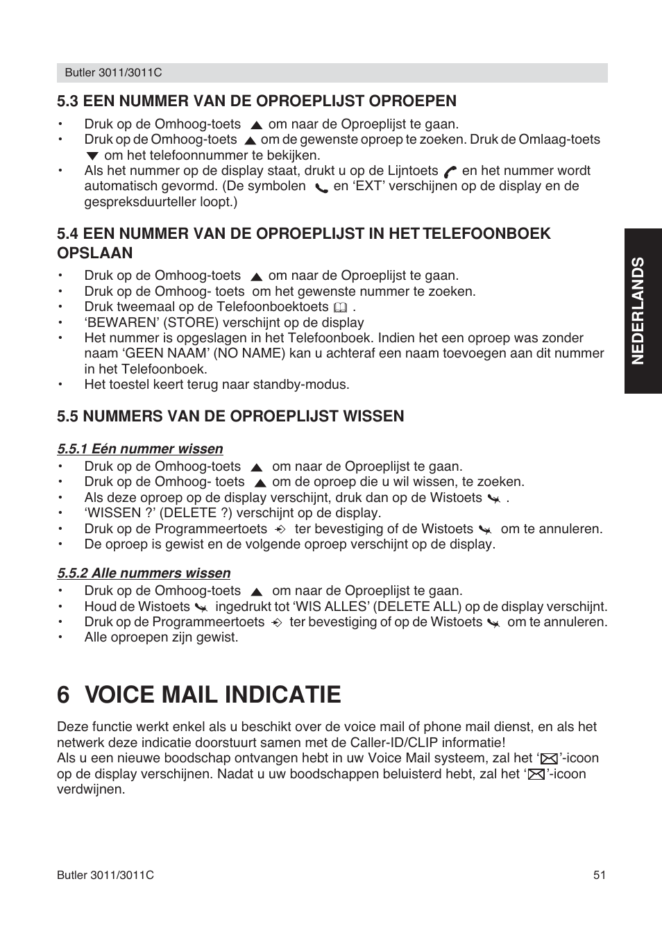 6 voice mail indicatie | Topcom BUTLER 3011 User Manual | Page 51 / 112