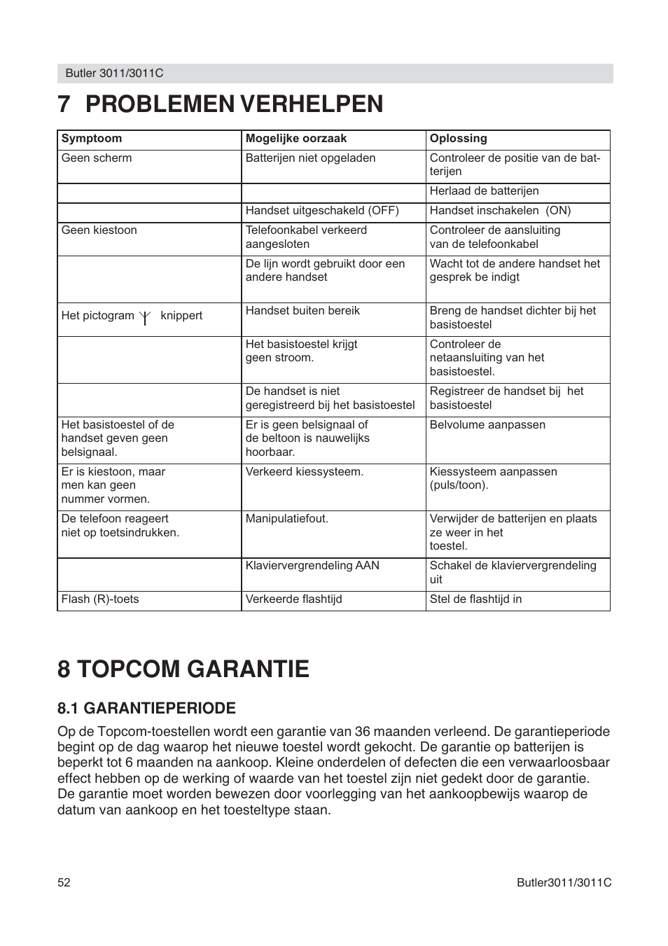 7 problemen verhelpen 8 topcom garantie, 1 garantieperiode | Topcom BUTLER 3011 User Manual | Page 52 / 112