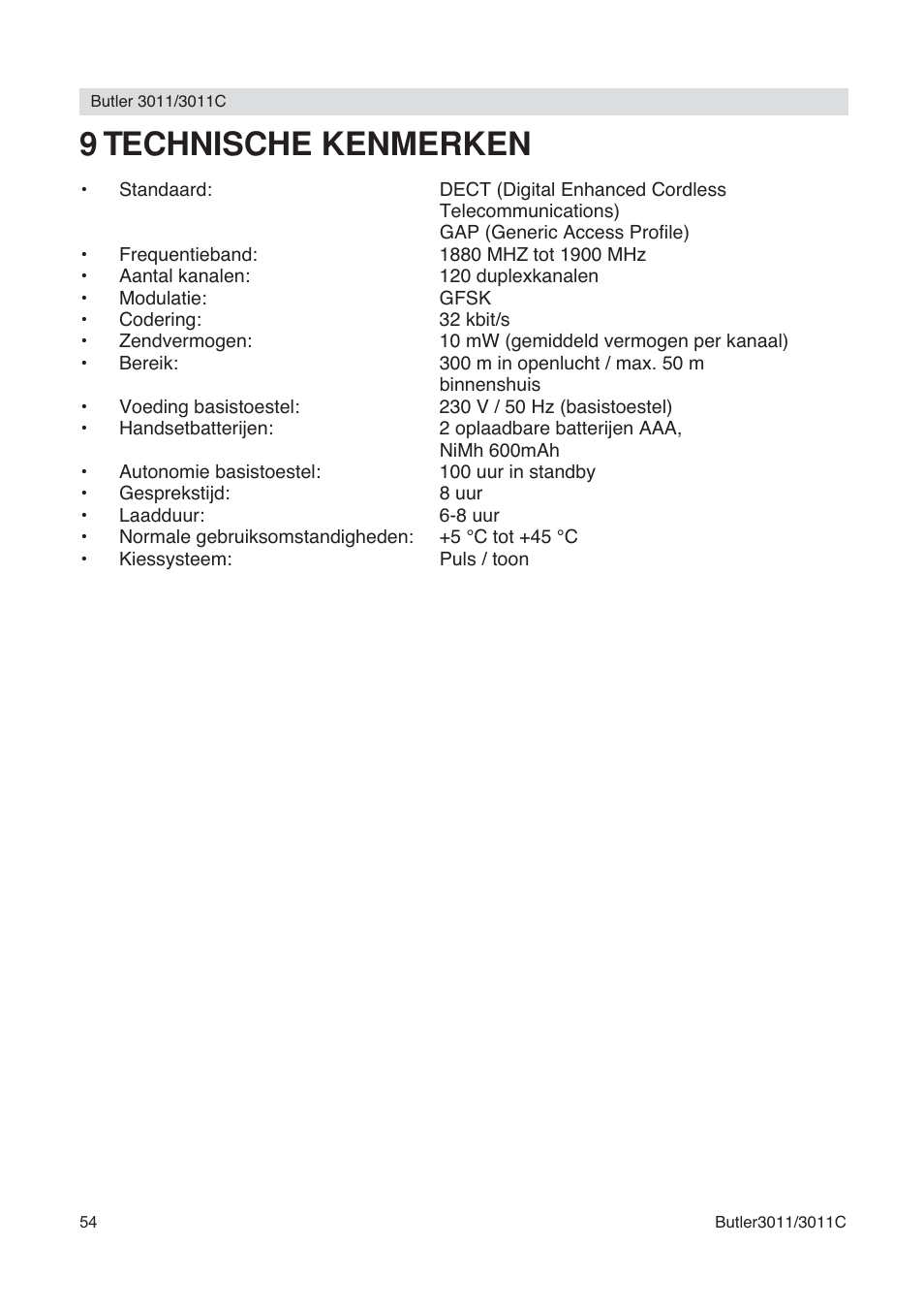 9 technische kenmerken | Topcom BUTLER 3011 User Manual | Page 54 / 112