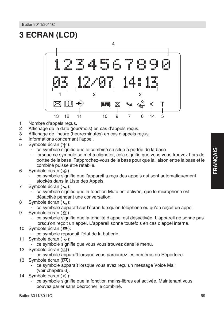 3 ecran (lcd) | Topcom BUTLER 3011 User Manual | Page 59 / 112