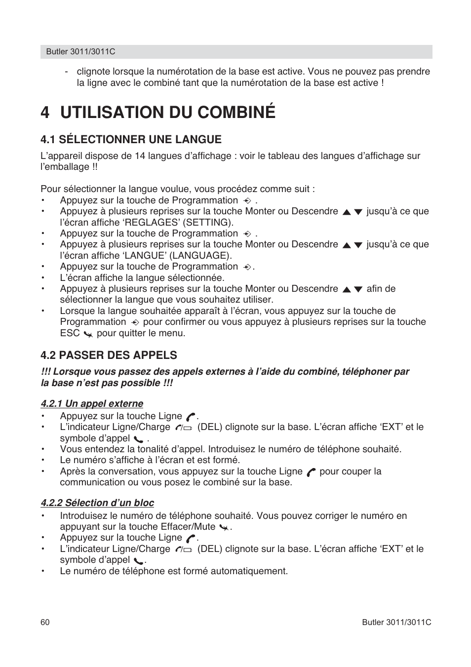 4 utilisation du combiné | Topcom BUTLER 3011 User Manual | Page 60 / 112