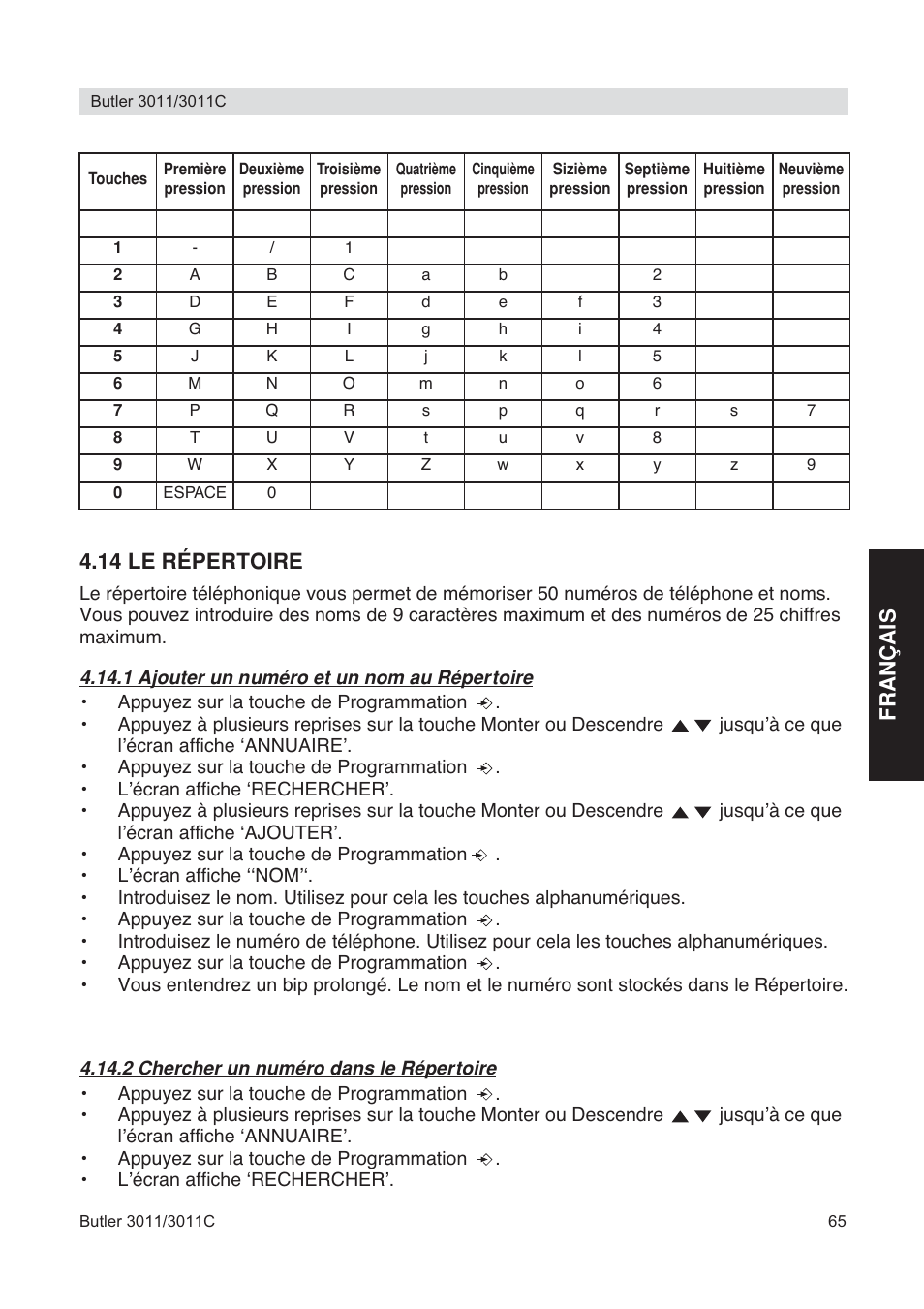Français 4.14 le répertoire | Topcom BUTLER 3011 User Manual | Page 65 / 112