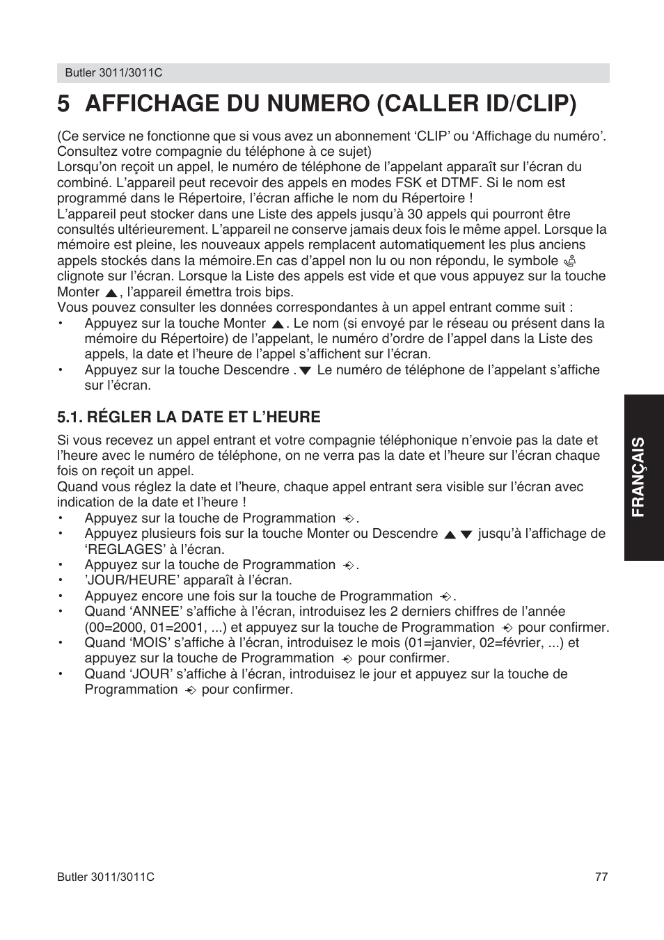 5 affichage du numero (caller id/clip) | Topcom BUTLER 3011 User Manual | Page 77 / 112