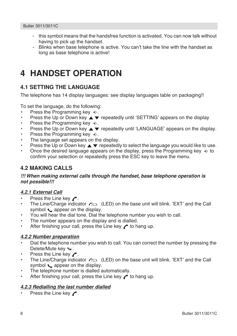 4 handset operation | Topcom BUTLER 3011 User Manual | Page 8 / 112