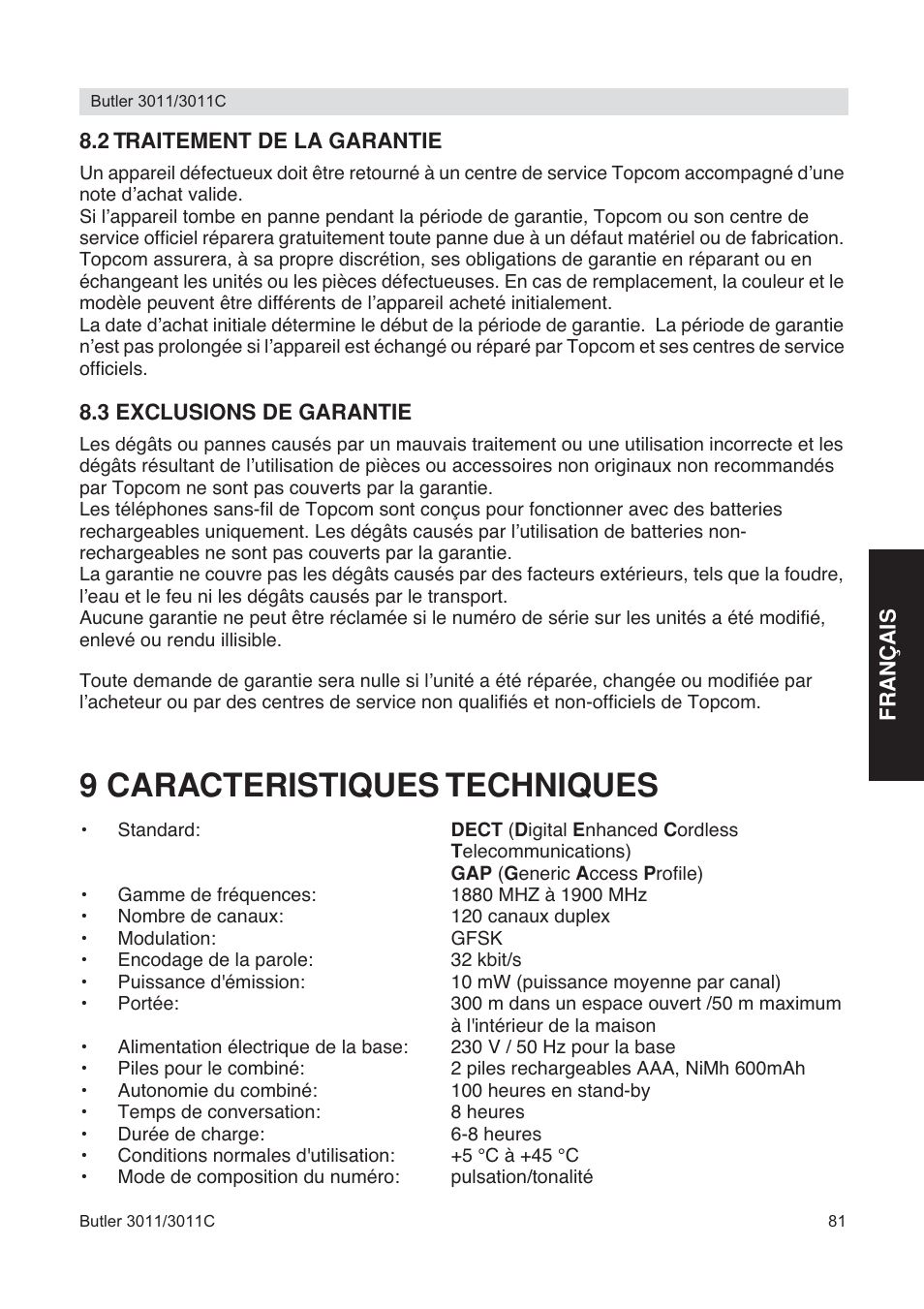 9 caracteristiques techniques | Topcom BUTLER 3011 User Manual | Page 81 / 112
