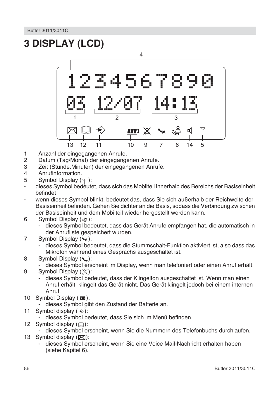 3 display (lcd) | Topcom BUTLER 3011 User Manual | Page 86 / 112