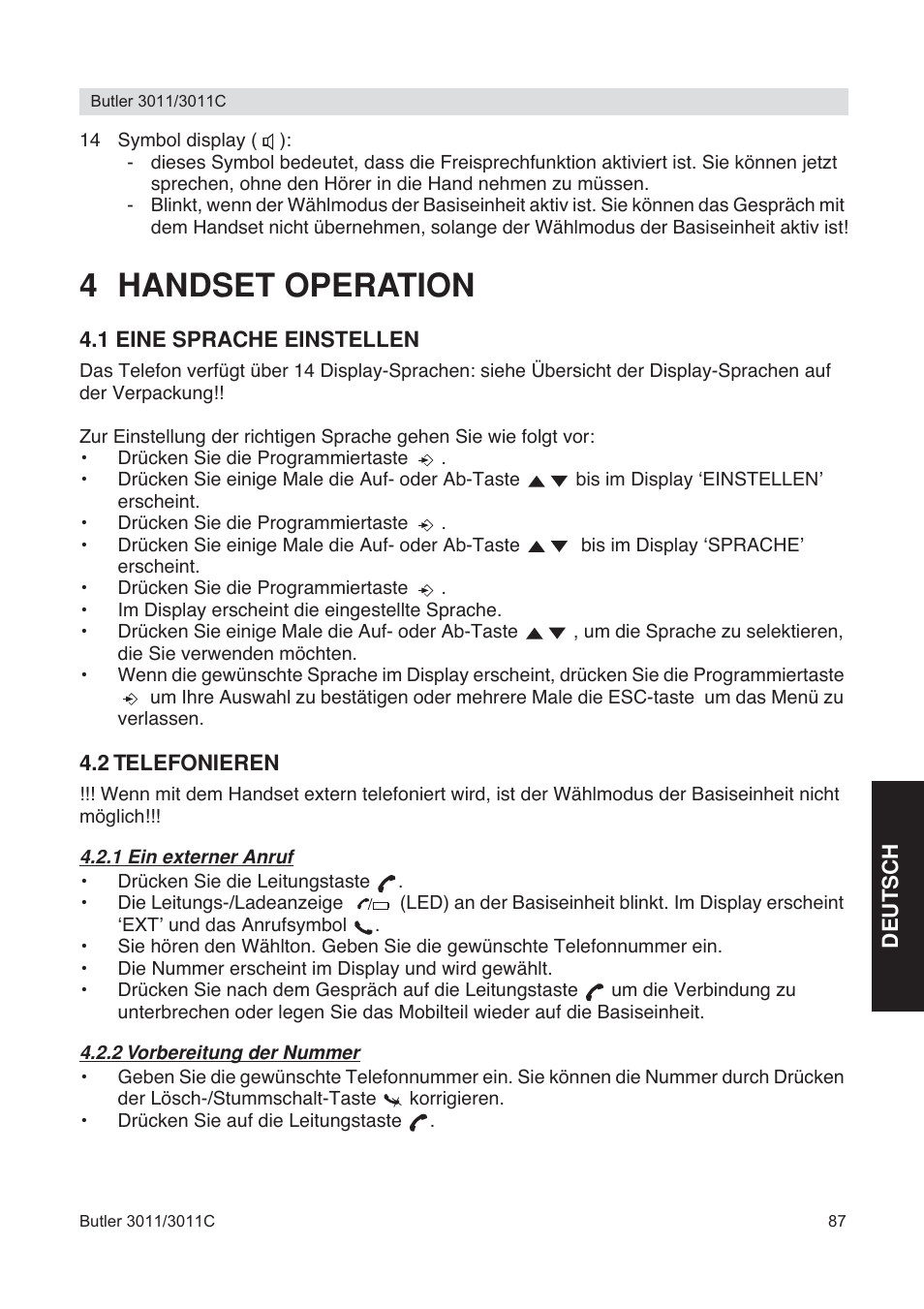 4 handset operation | Topcom BUTLER 3011 User Manual | Page 87 / 112