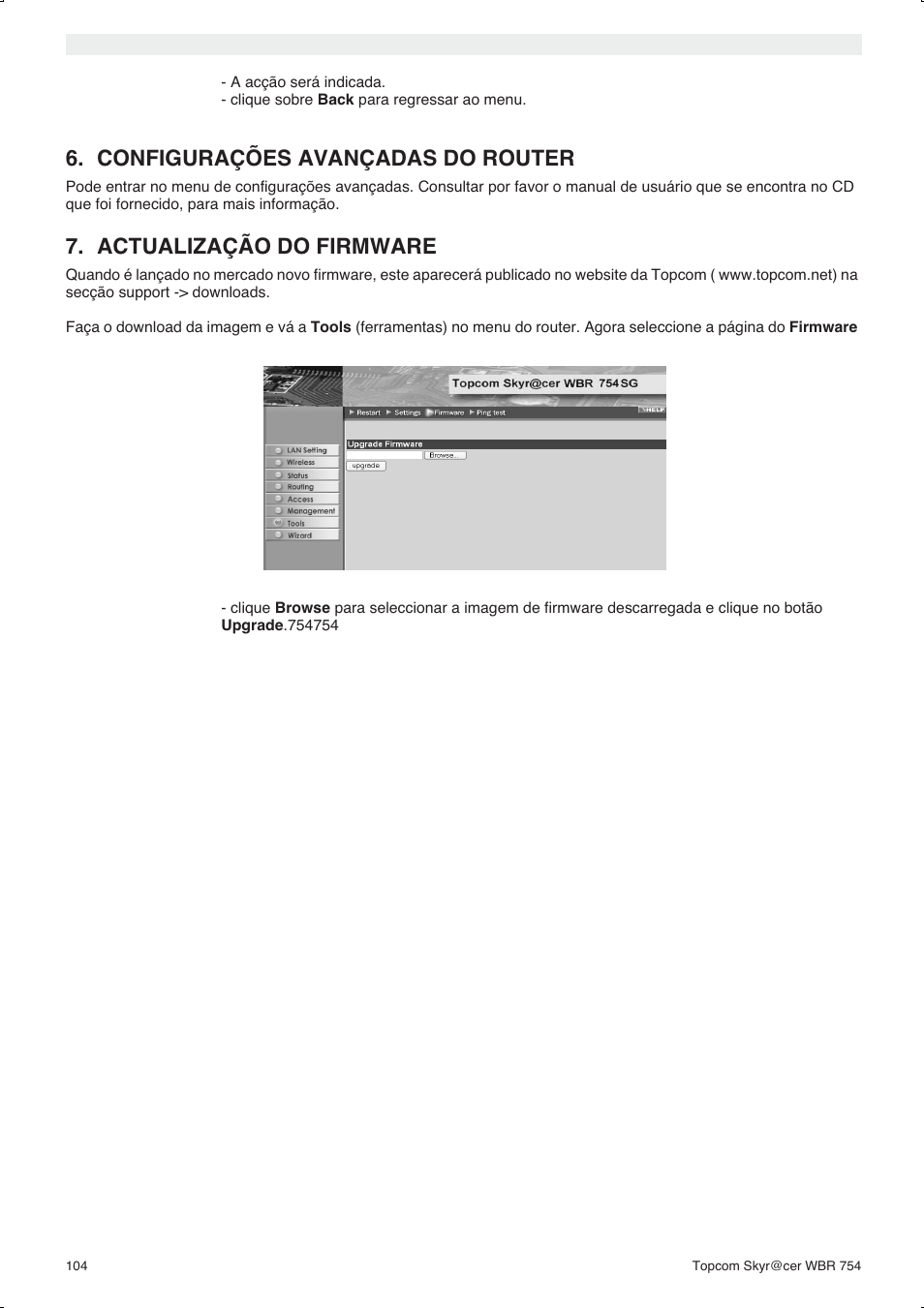 Configurações avançadas do router, Actualização do firmware | Topcom WBR 754SG User Manual | Page 104 / 108