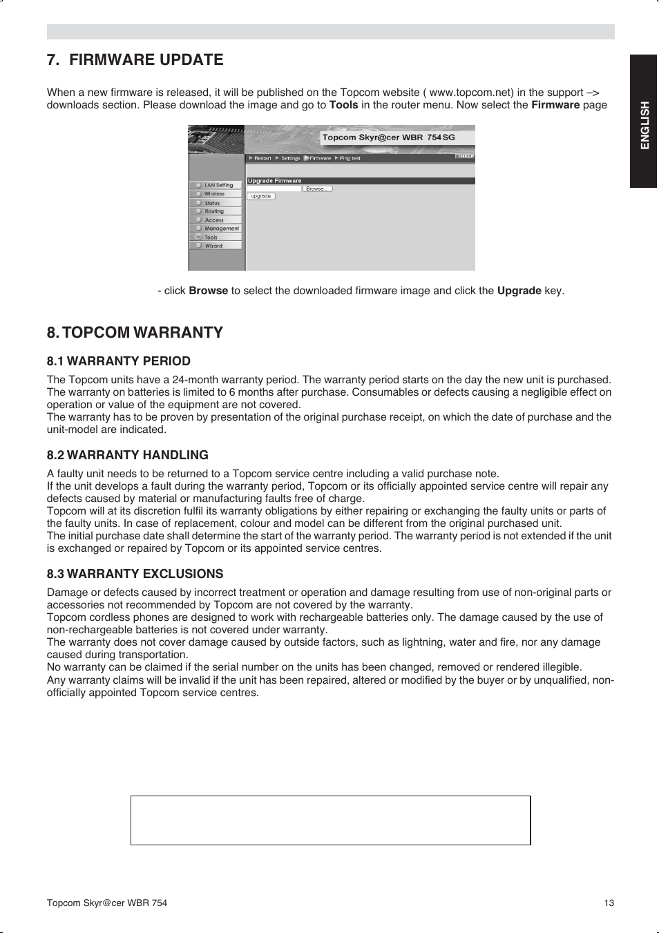 Firmware update, Topcom warranty | Topcom WBR 754SG User Manual | Page 13 / 108