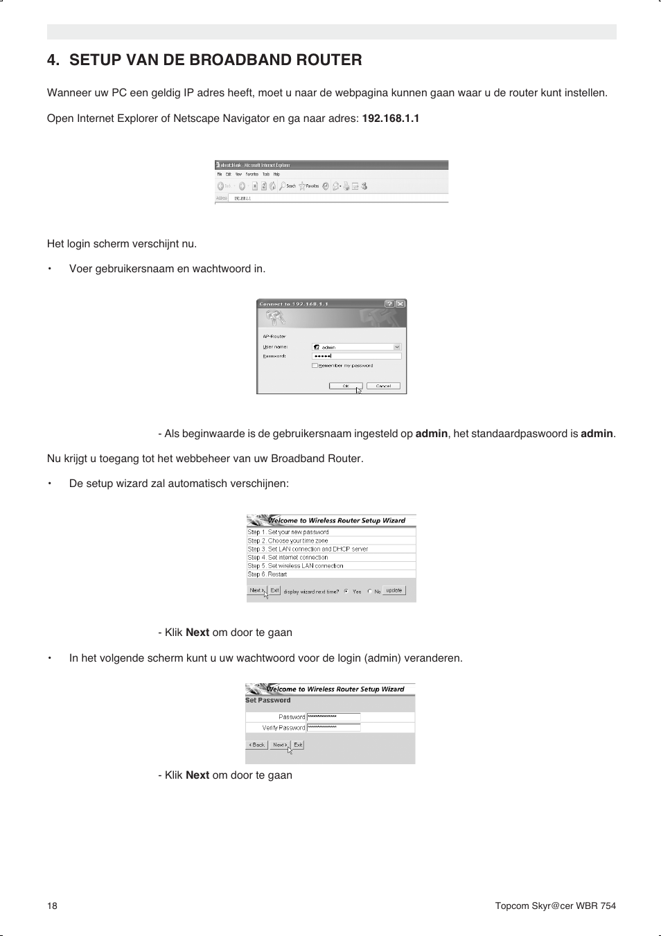 Setup van de broadband router | Topcom WBR 754SG User Manual | Page 18 / 108