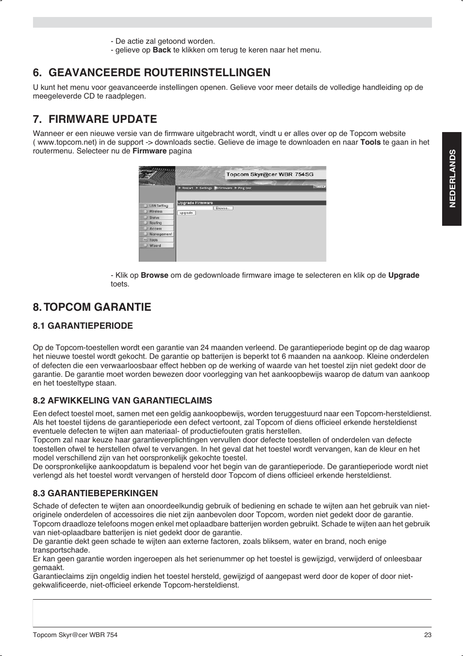 Geavanceerde routerinstellingen, Firmware update, Topcom garantie | Topcom WBR 754SG User Manual | Page 23 / 108