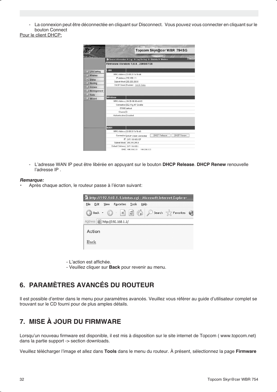 Paramètres avancés du routeur, Mise à jour du firmware | Topcom WBR 754SG User Manual | Page 32 / 108