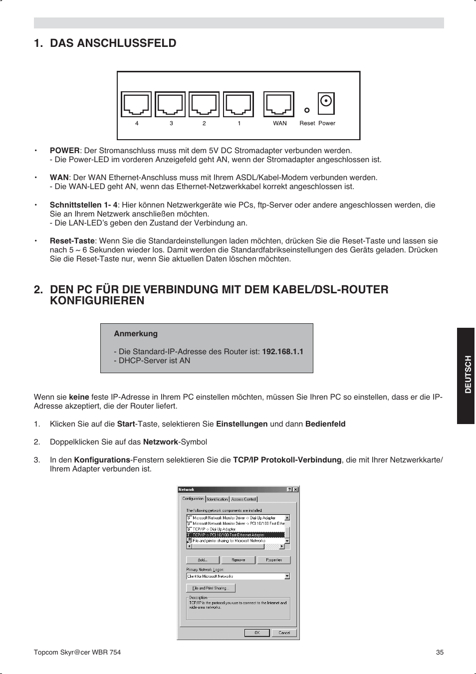 Das anschlussfeld | Topcom WBR 754SG User Manual | Page 35 / 108