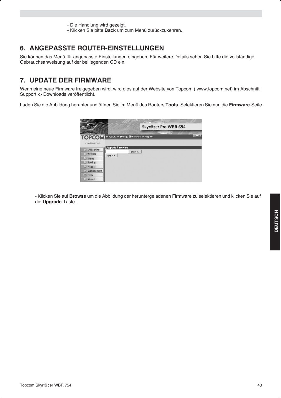 Angepasste router-einstellungen, Update der firmware | Topcom WBR 754SG User Manual | Page 43 / 108